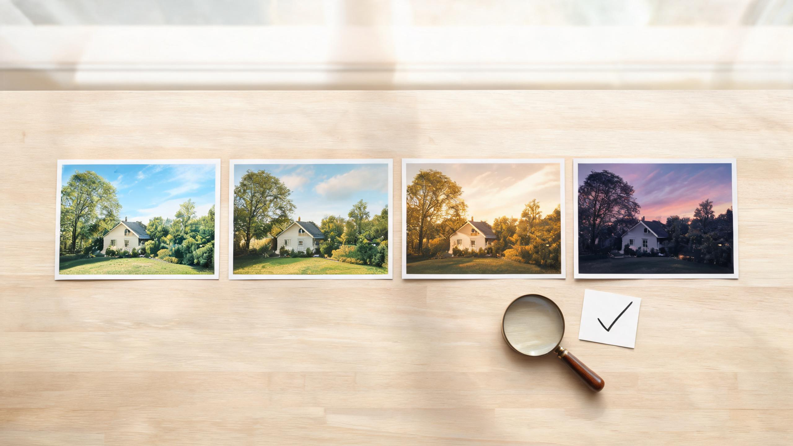 Four printed versions of the same outdoor scene progress from daylight to evening while a magnifier and review mark support a careful editorial check