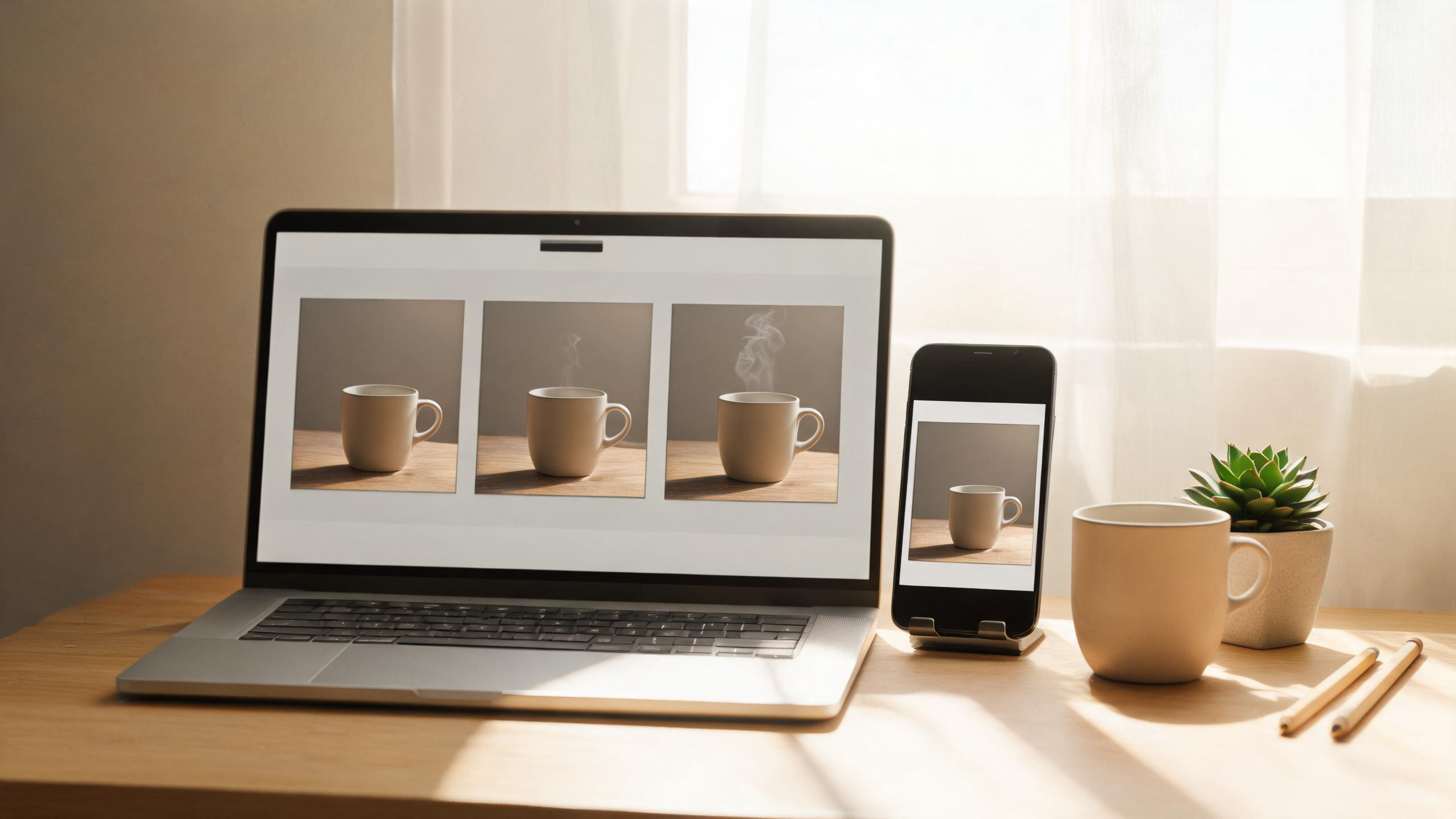 A neutral creator workspace shows a mug photo becoming a few simple video frames on a generic laptop and phone