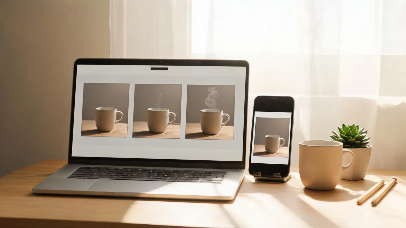 A neutral creator workspace shows a mug photo becoming a few simple video frames on a generic laptop and phone