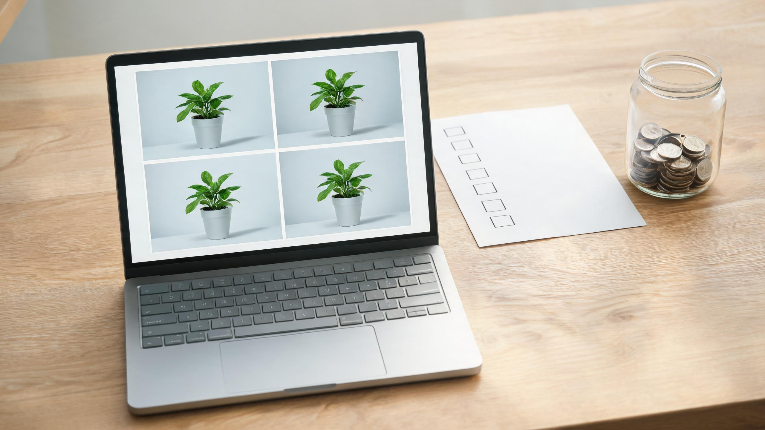 A generic laptop shows four similar plant-video test thumbnails beside blank check boxes and a jar of coins