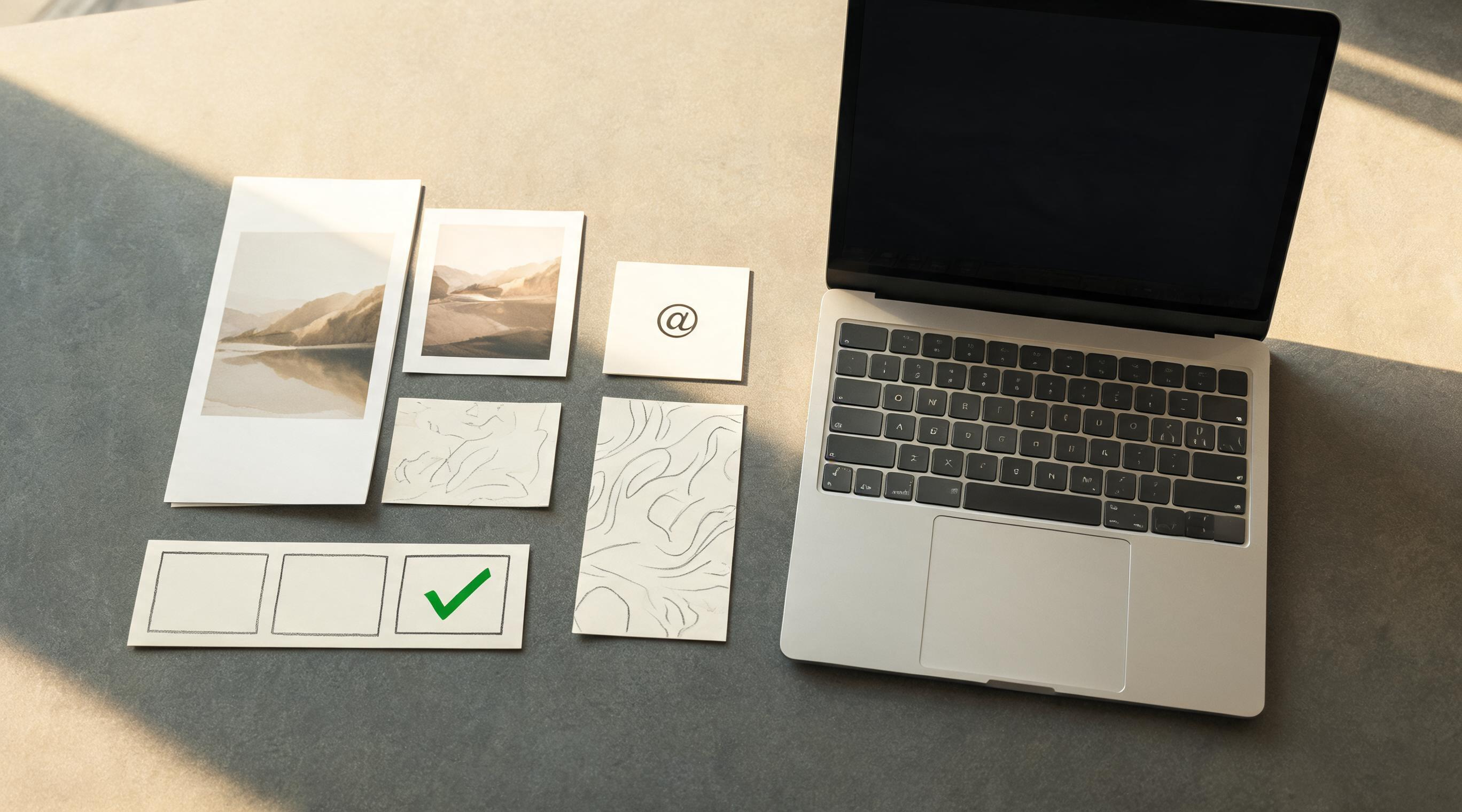 A physical creative-team handoff packet with source-photo alternatives, crop guides, permissions symbol, and an approved motion-frame review strip