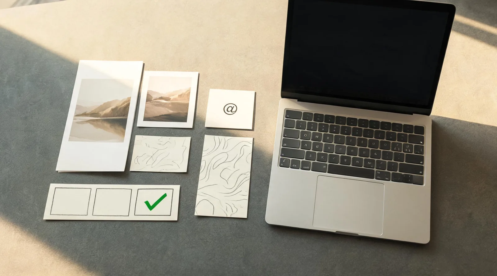 A physical creative-team handoff packet with source-photo alternatives, crop guides, permissions symbol, and an approved motion-frame review strip