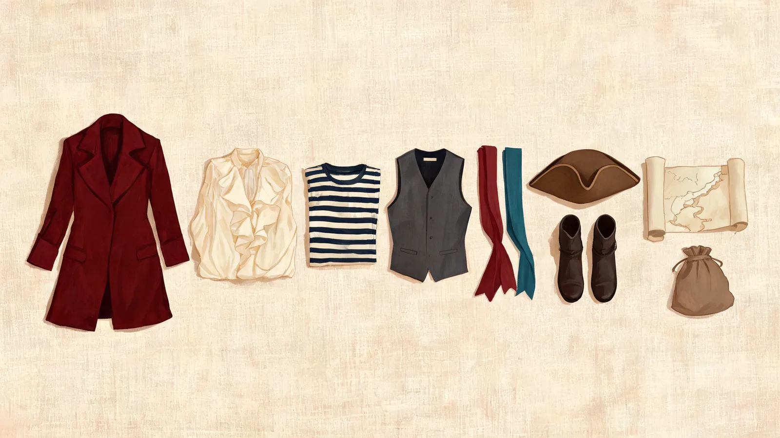 Editorial wardrobe arrangement with pirate coats, shirts, scarves, a tricorn hat and a paper map