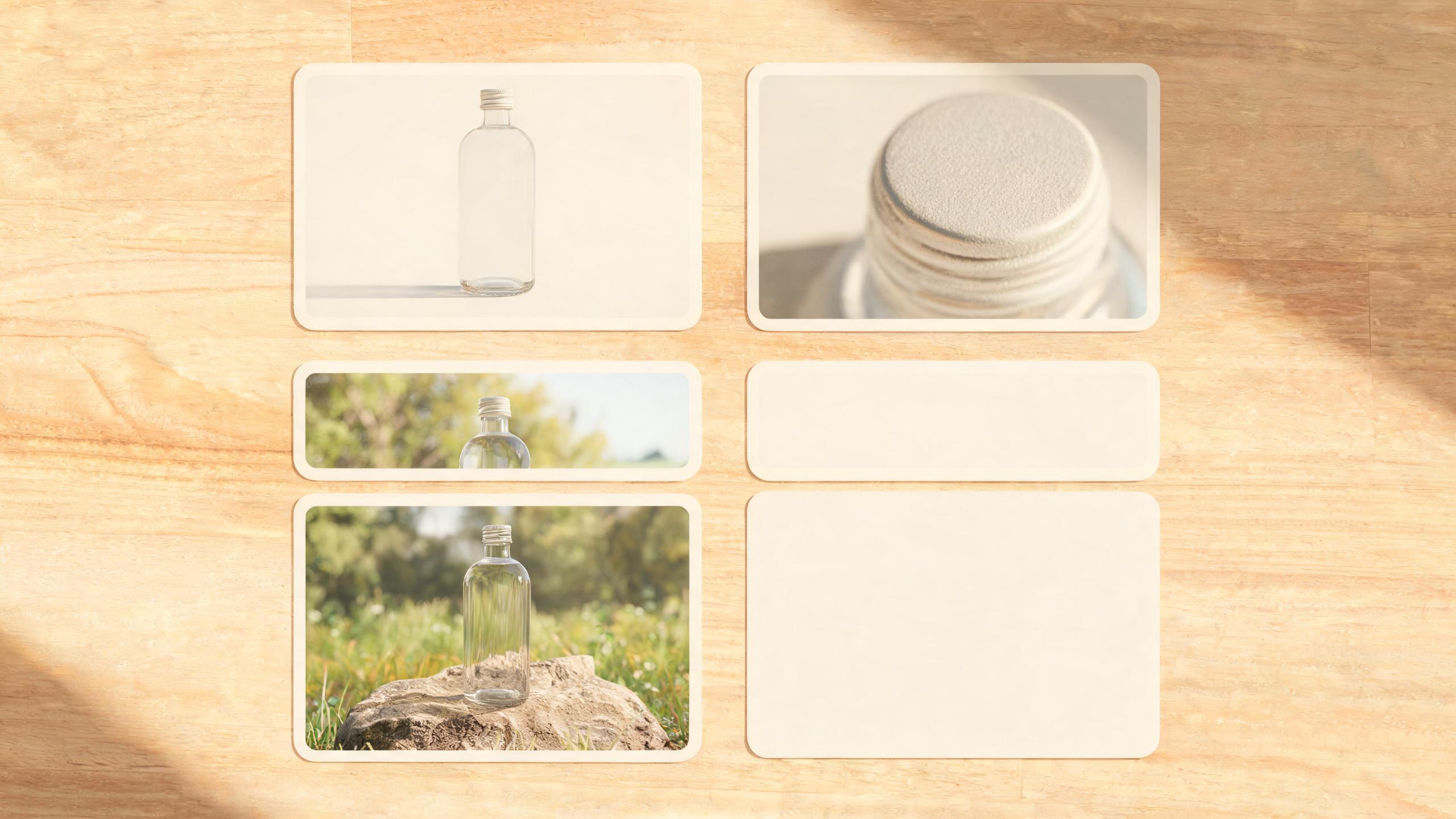 A four-card product storyboard showing a hero bottle, a close material detail, an outdoor context frame, and reserved end-frame space