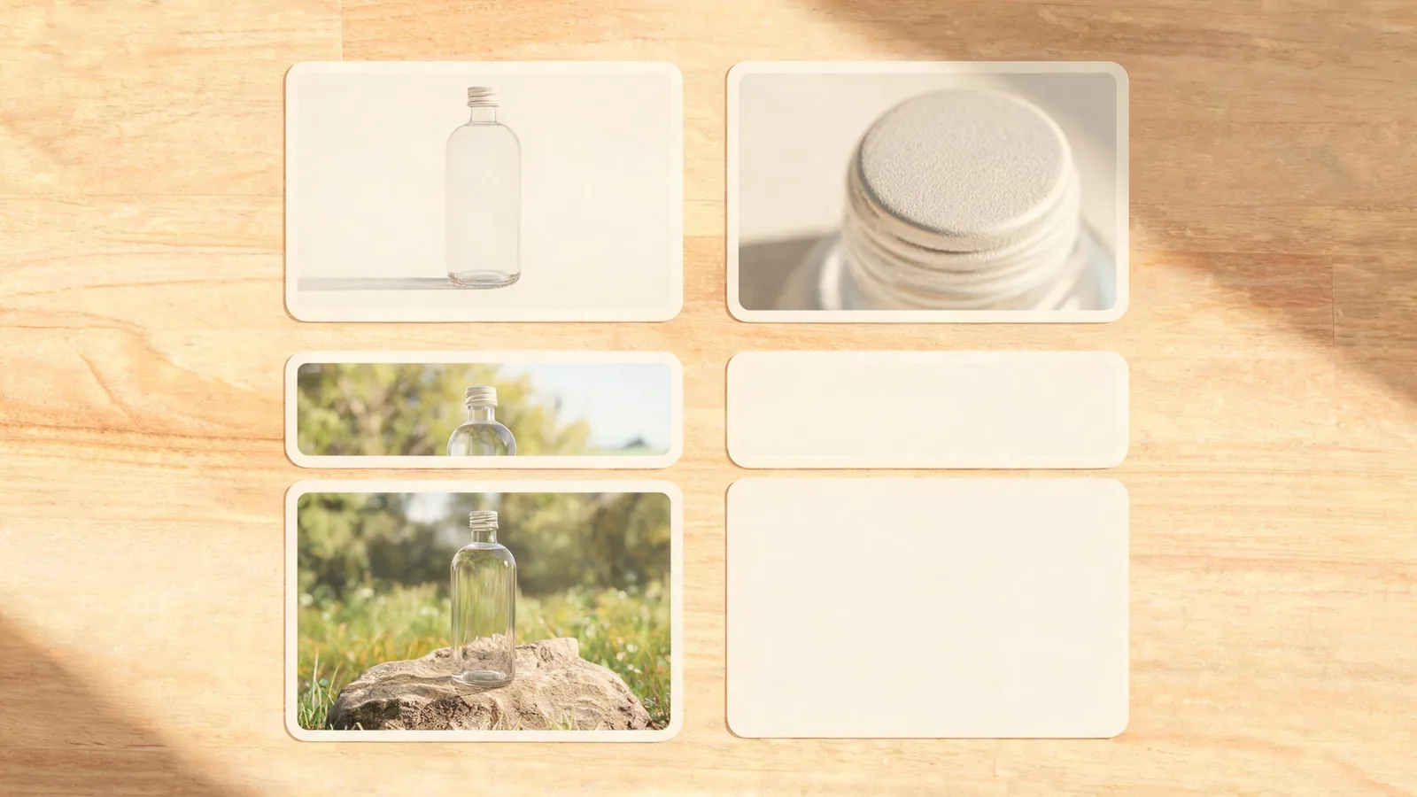 A four-card product storyboard showing a hero bottle, a close material detail, an outdoor context frame, and reserved end-frame space
