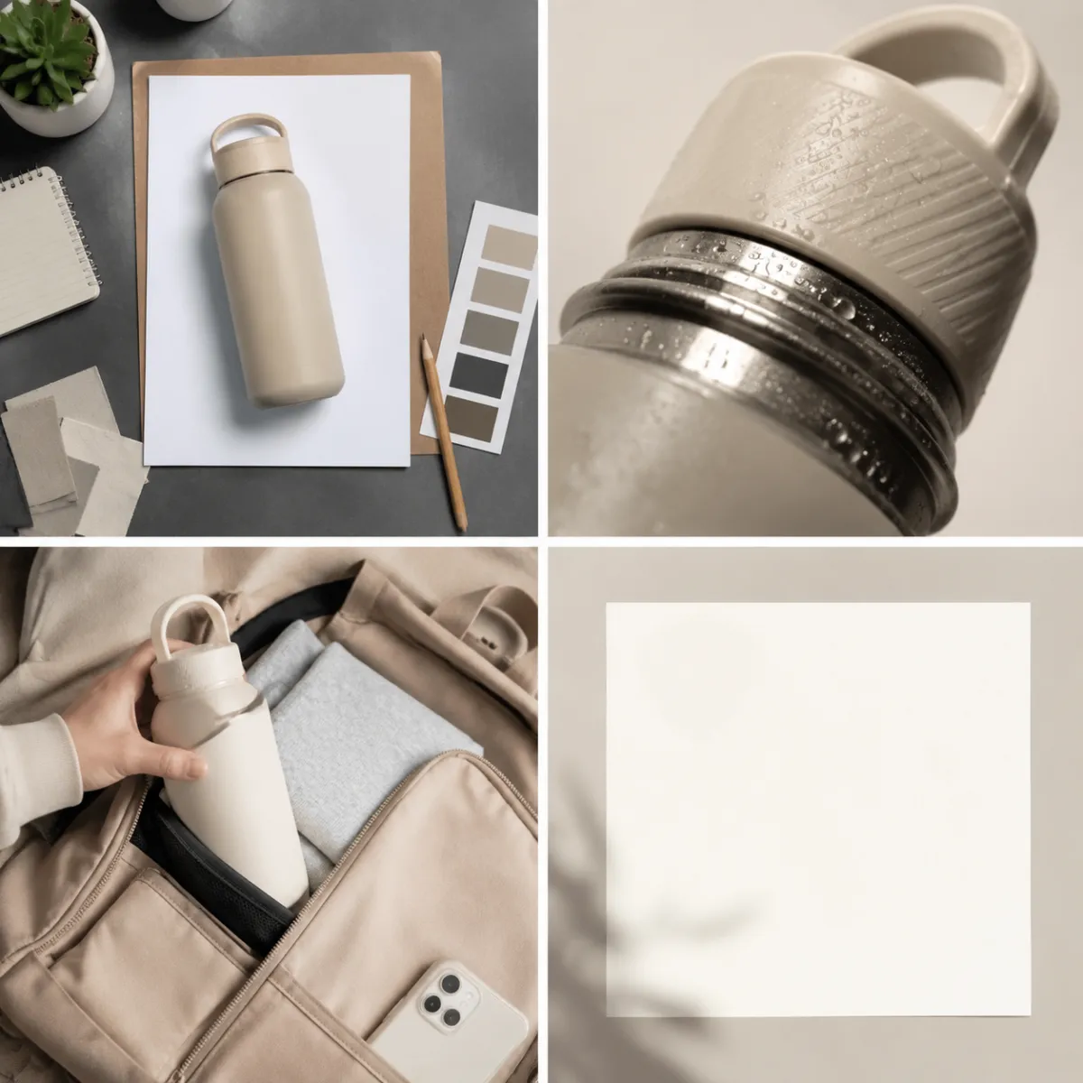 Product launch storyboard with a hero product frame, close material detail, real-use context frame, and clean end card space, no words, no logos, different composition from the hero image