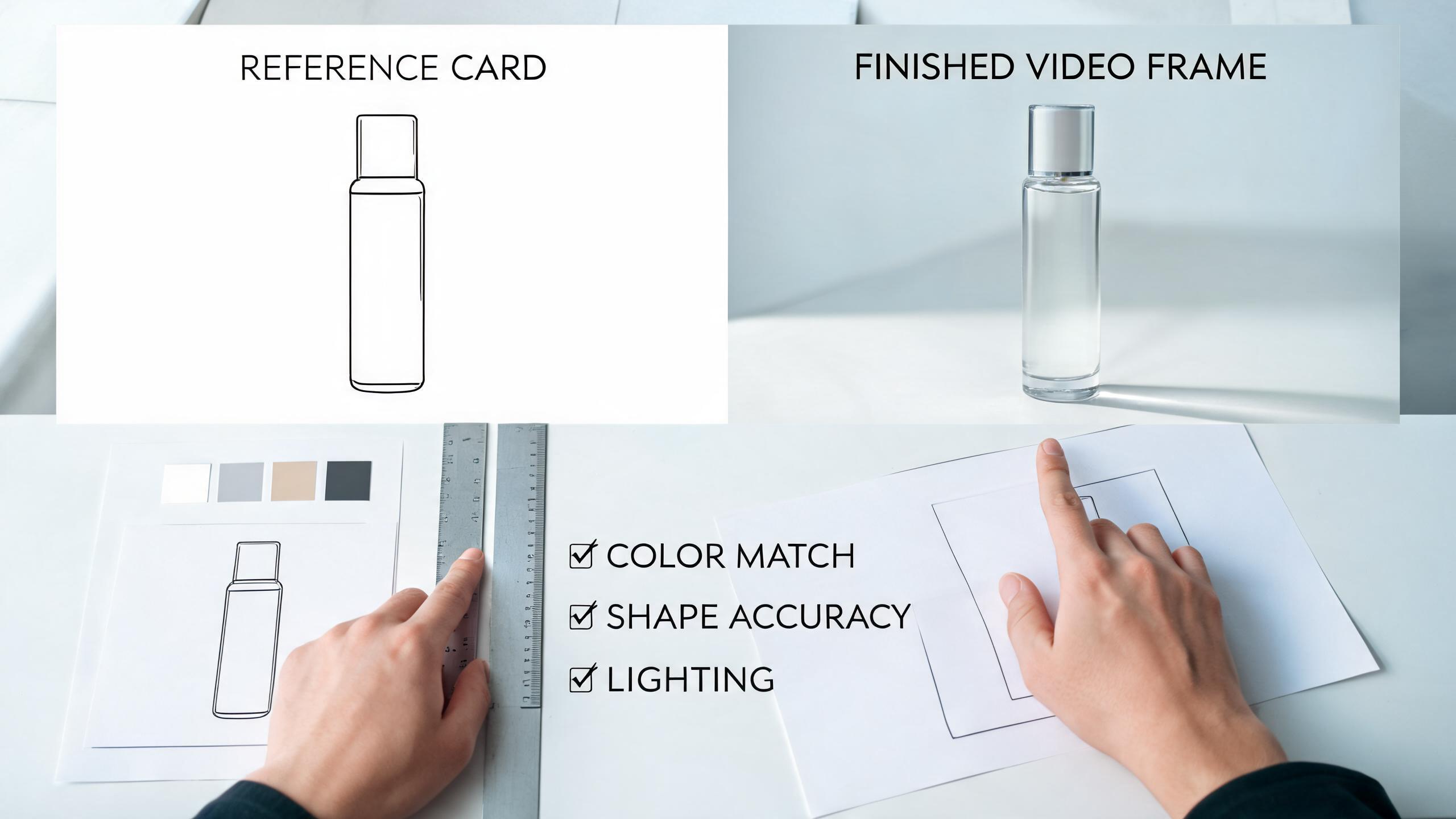 A reviewer compares a reference product card and finished video frame against color, shape, and lighting checks.