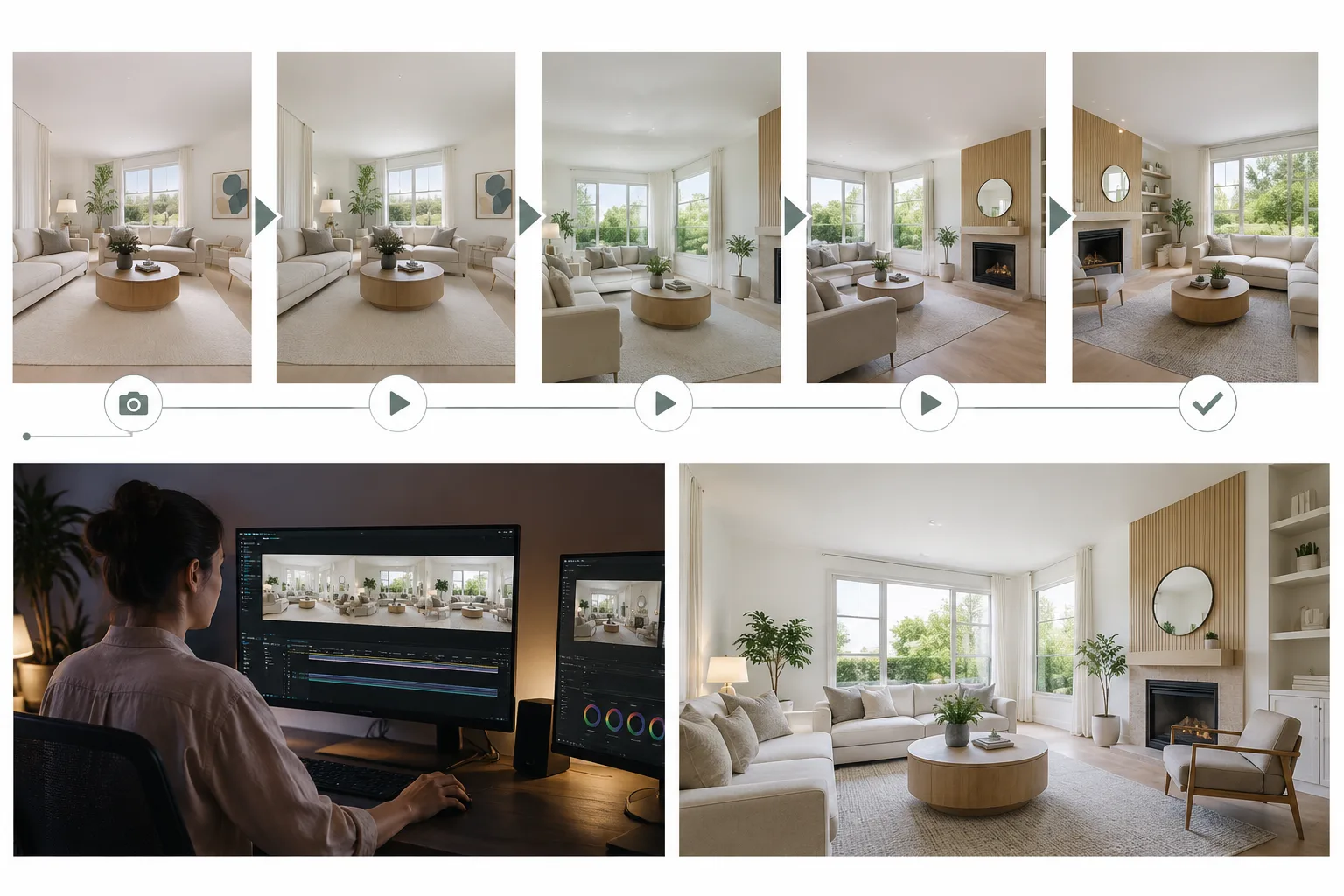 Real estate photo to video AI storyboard showing a living room listing photo becoming a short property clip
