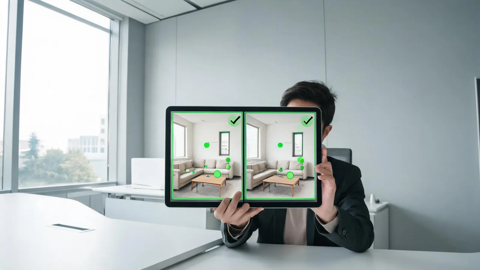 A property-video approval board highlights layout, fixtures, view, claims, and disclosure before a listing clip is released