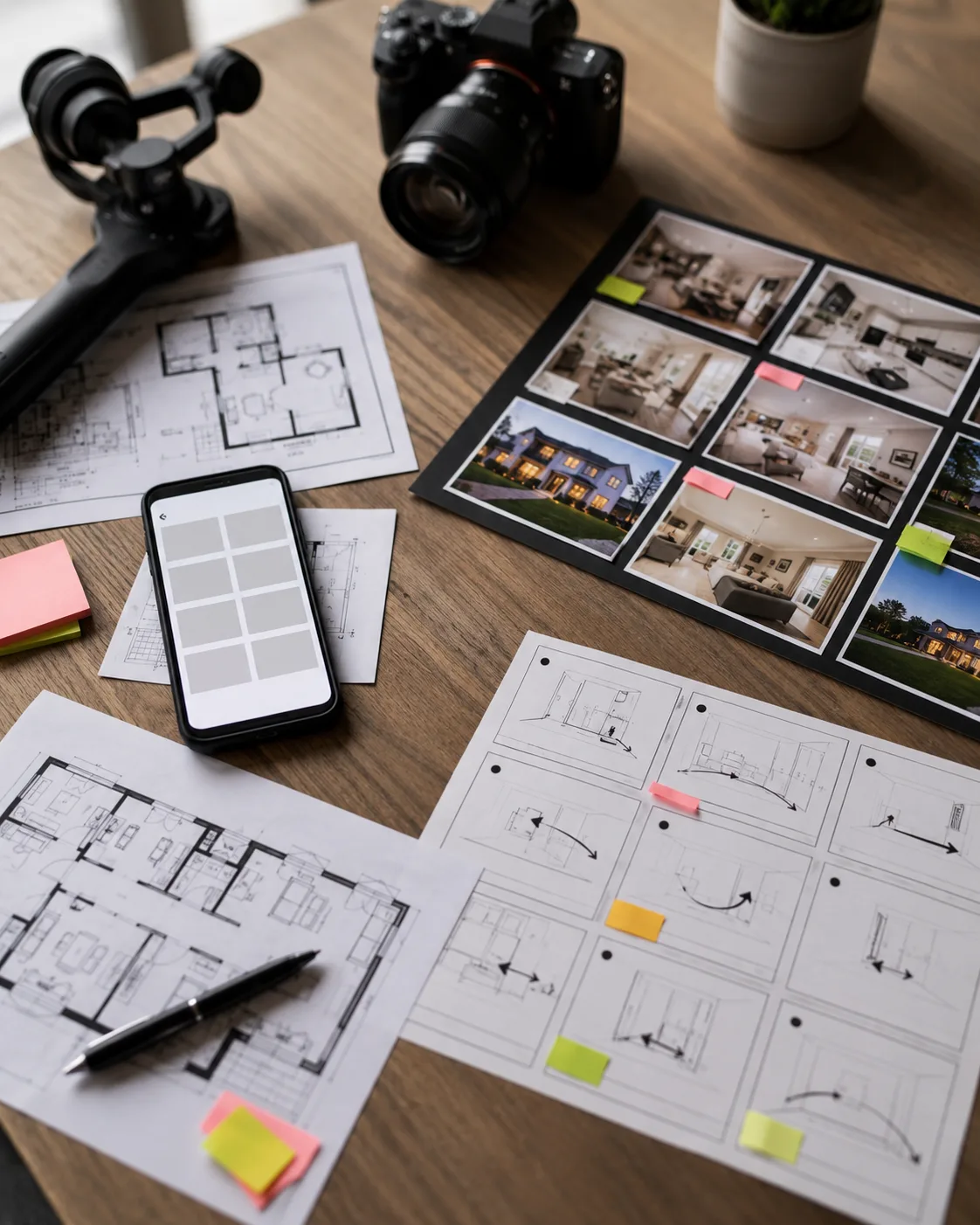 Real estate listing video planning desk with photo cards, phone previews, and camera movement blocks