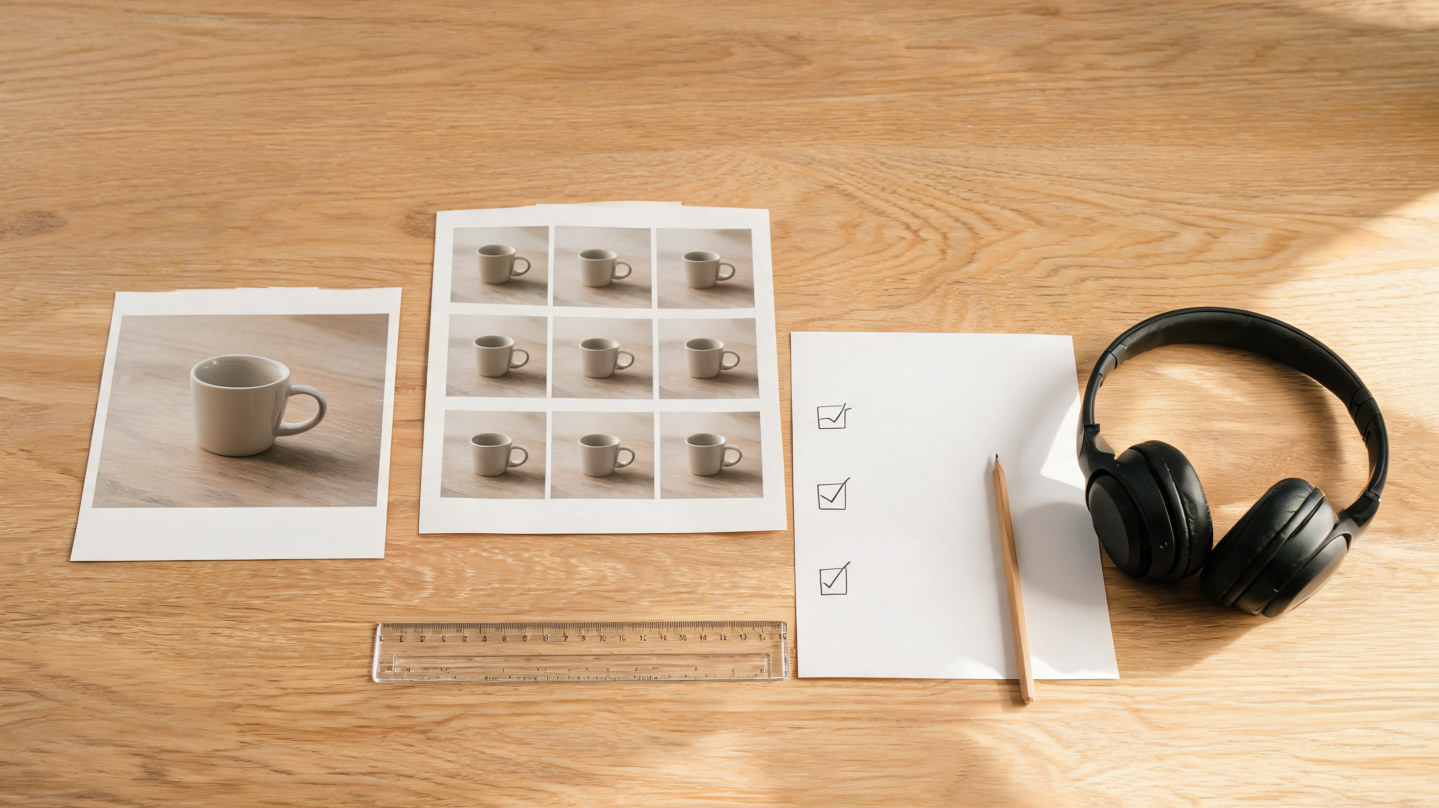 A practical photo-to-video review table with printed source still, motion-frame contact sheet, crop guide, and handwritten approval notes