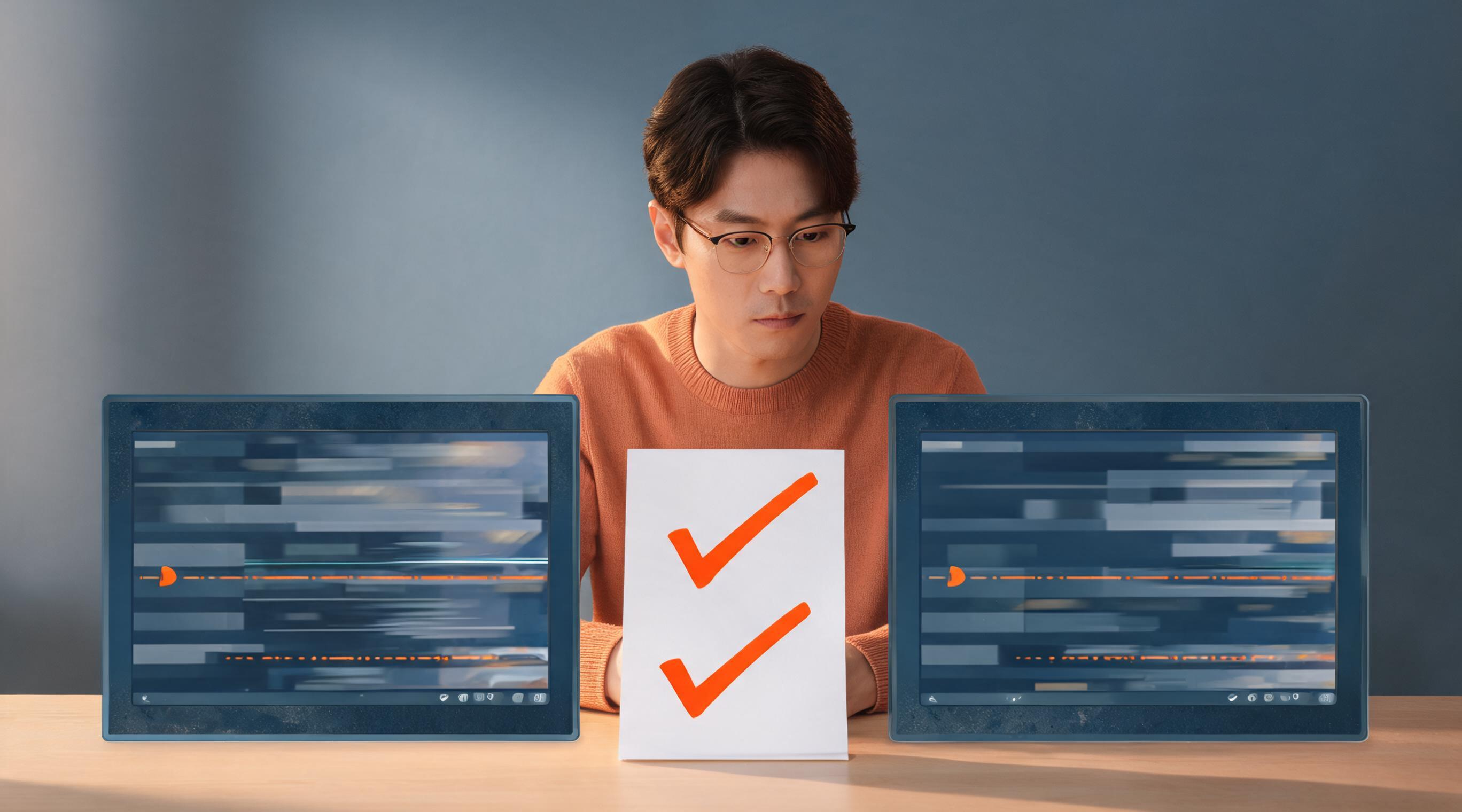 A creator reviews two abstract video timelines beside a simple approval checklist.