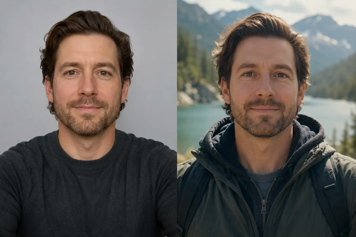 Before and after of the same person used as a real face reference, shown as a photo on the left and a consistent AI video frame of the same person on the right