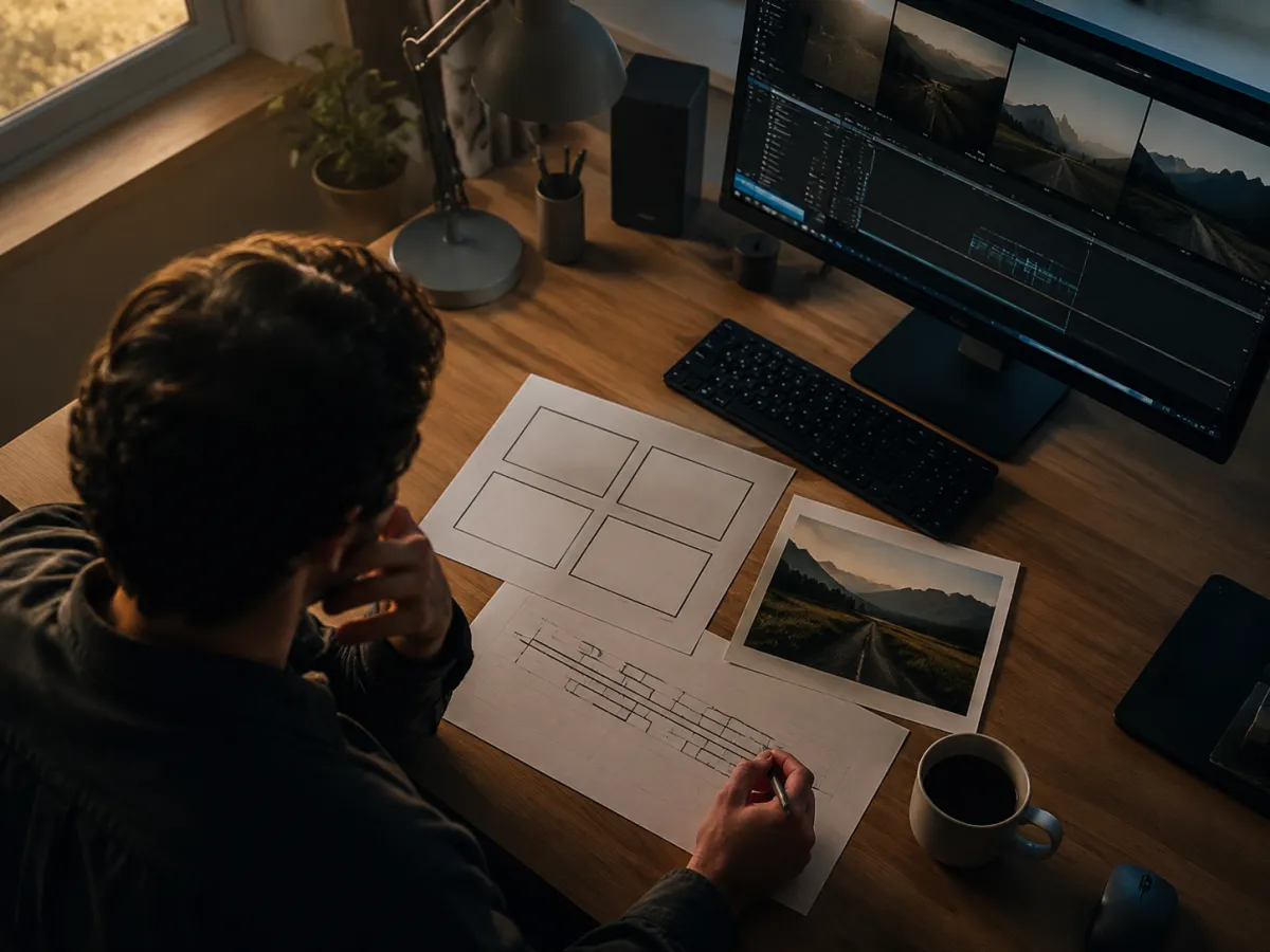 Editorial video-planning desk with a reference image, four-shot storyboard, and final editing handoff