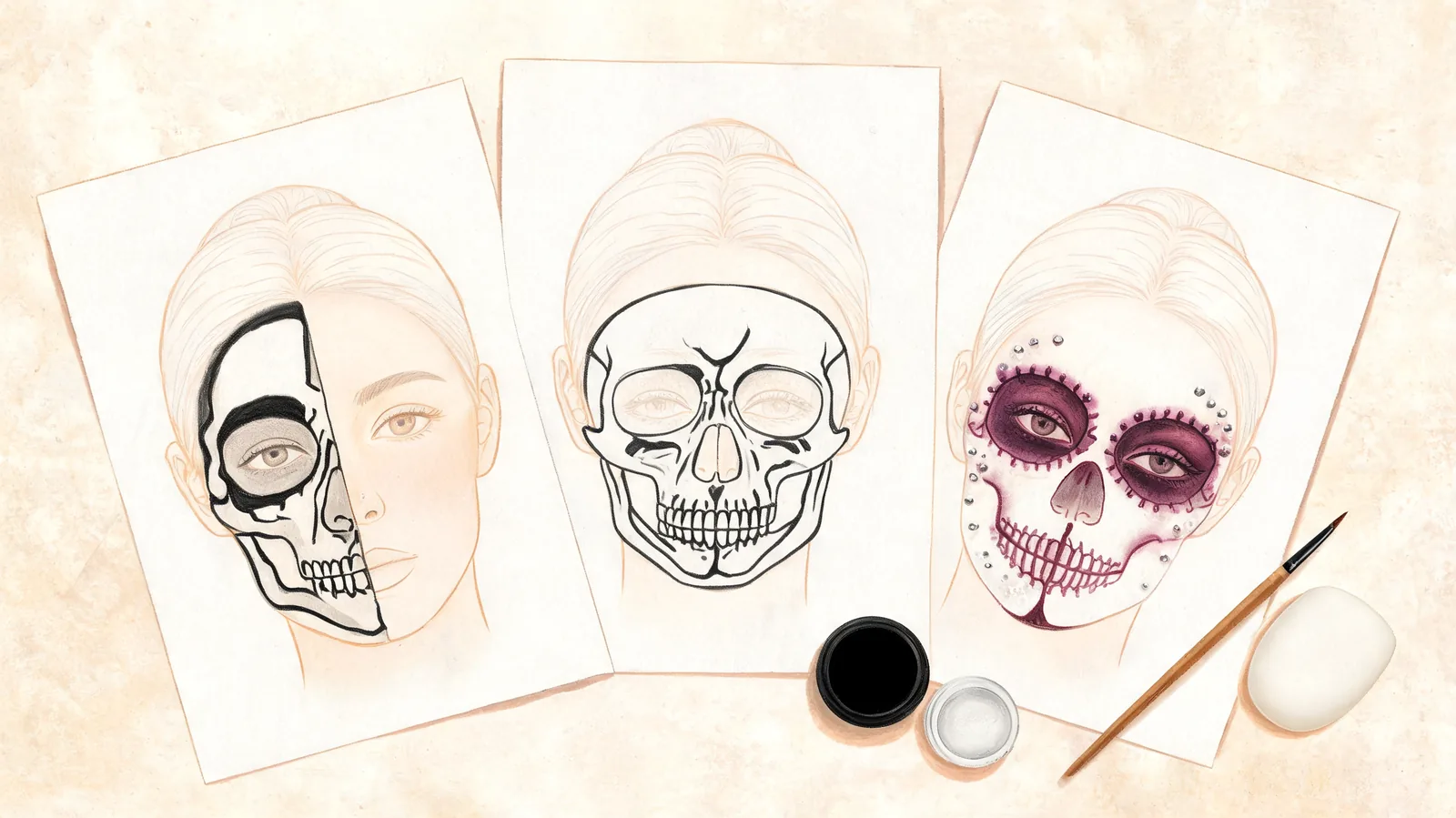 Three illustrated face charts comparing half skull, full skull and plum glam makeup with brushes and cosmetic paint