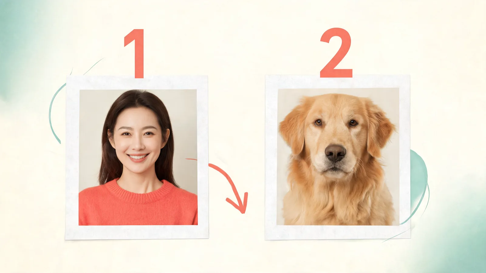 Conceptual illustration of a woman’s portrait and a dog’s portrait numbered for two photo roles