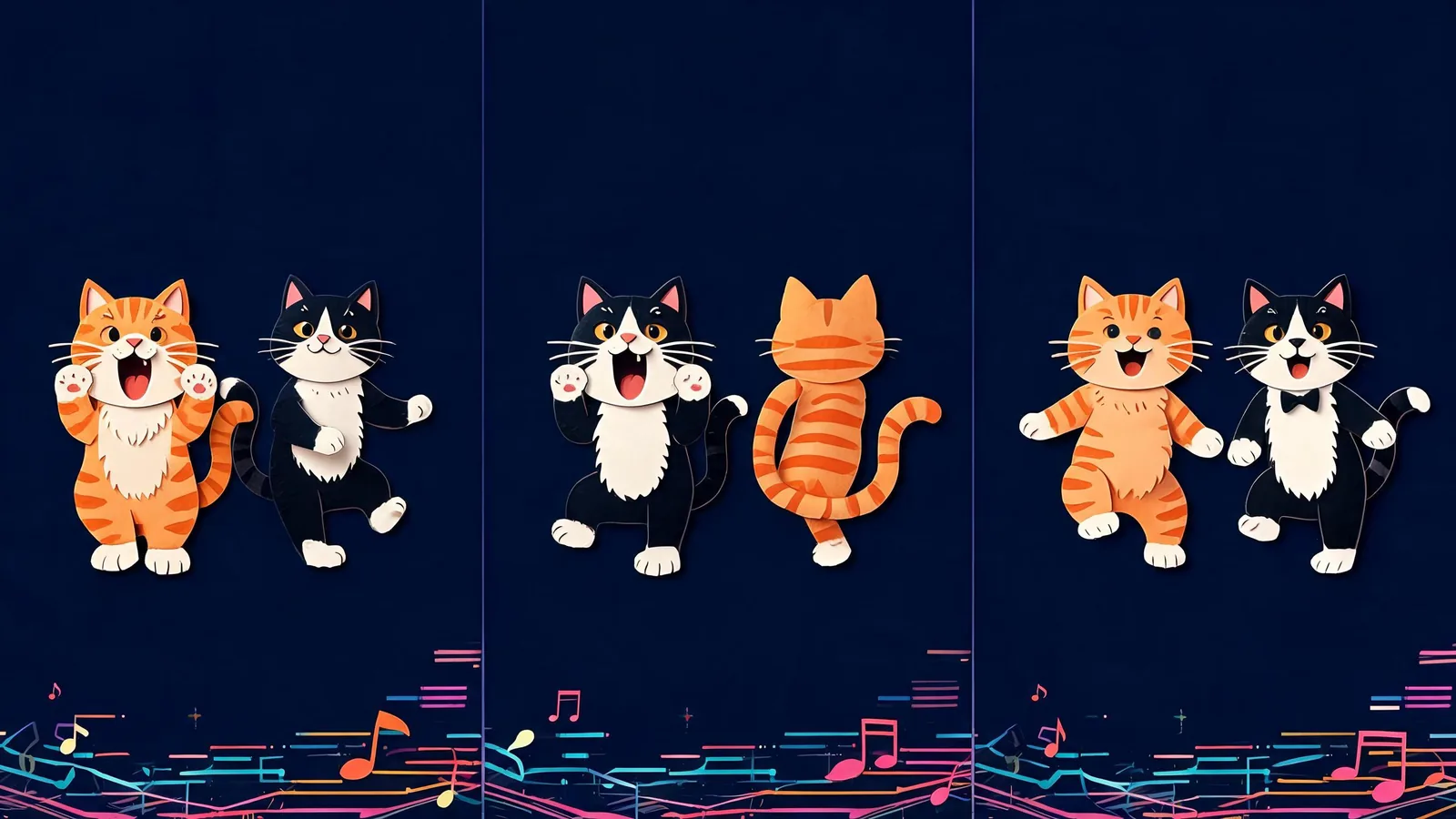 Conceptual three-panel illustration of two cats exchanging the foreground role and then dancing together