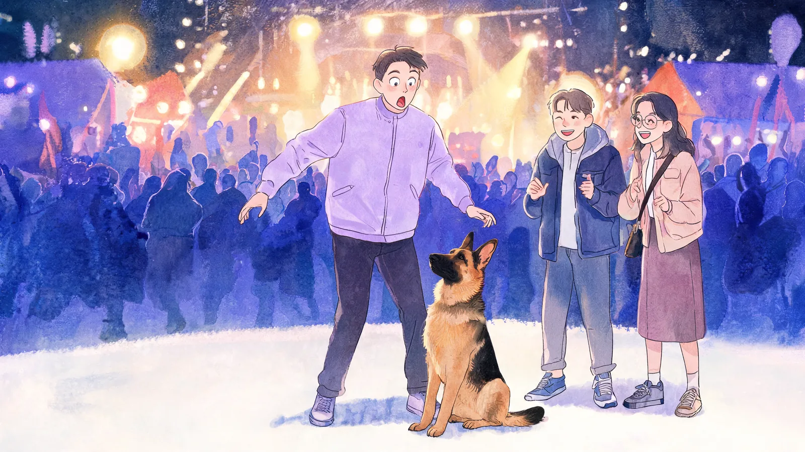 Painted festival scene of a surprised adult dancer, a seated dog, and two laughing friends