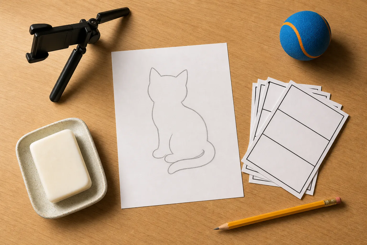 A top-down creator planning desk with an abstract kitten sketch, phone tripod, blank storyboard cards, toy ball, pencil, and soap bar; no real animal and no readable text