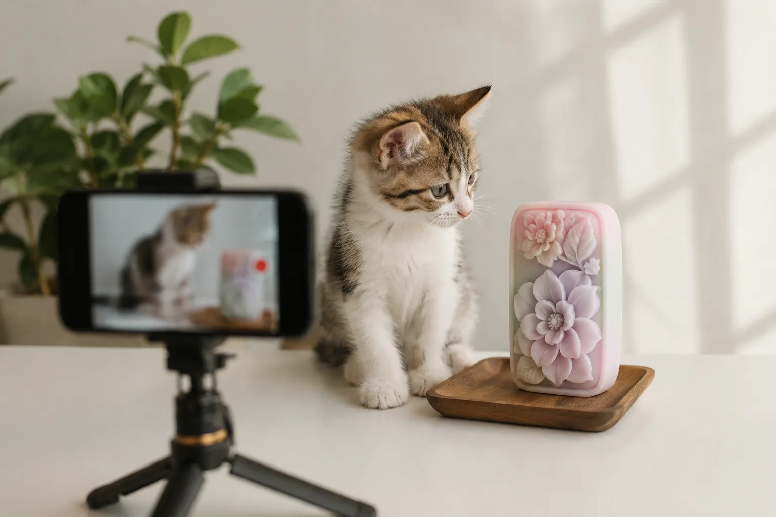 A playful, safe, clearly staged scene of a kitten beside a pastel soap sculpture while a phone records from a distance; no readable text