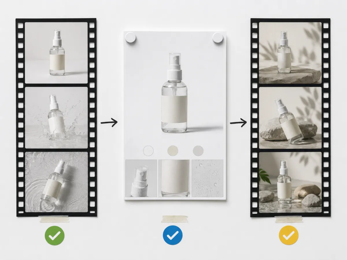 Image-to-video evaluation board with one clean product reference at center, surrounding frame checks for opening, motion, and final frame, plus simple camera path arrows, no words, no logos