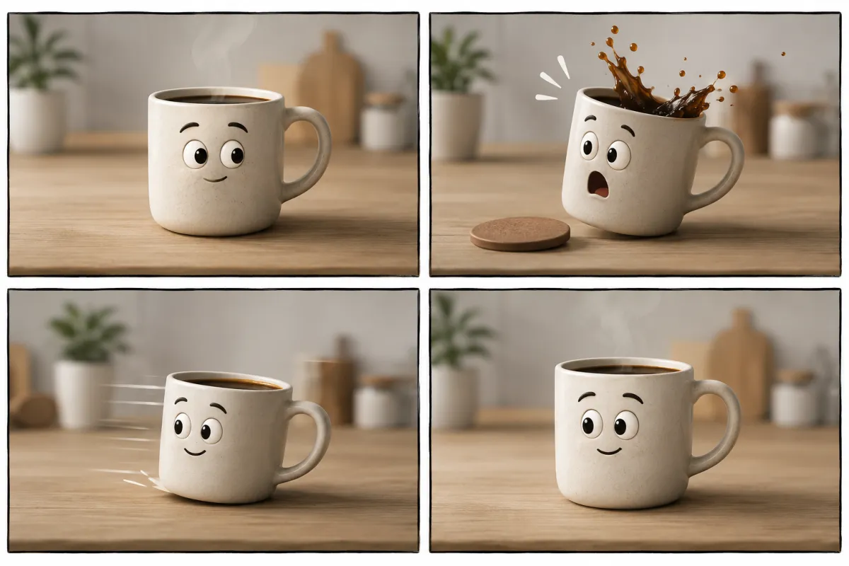 Talking object video storyboard showing a recognizable coffee mug character, a short reaction beat, and a clean ending frame, no words, no logos, no reuse of a hero image layout