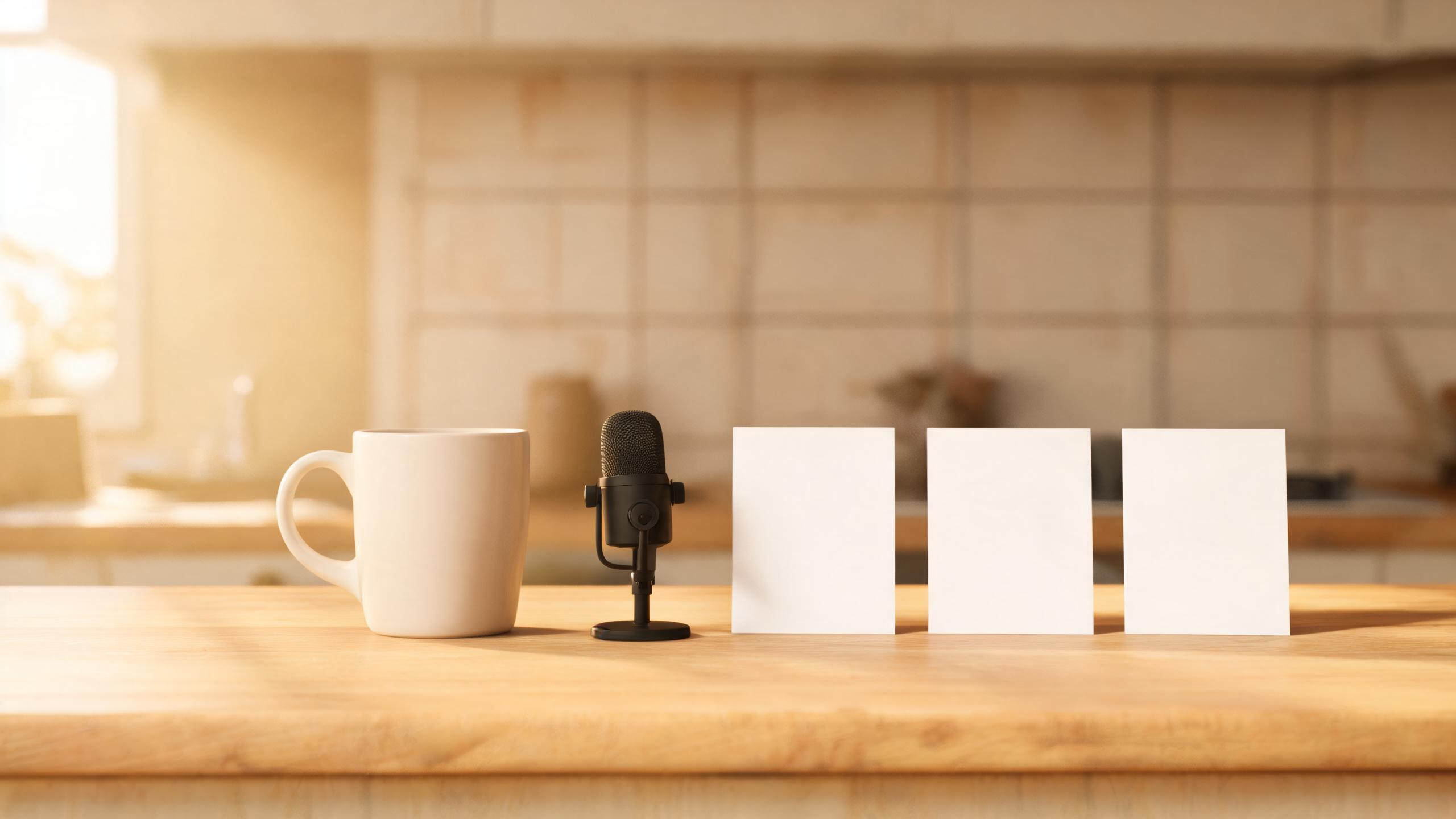 A plain ceramic coffee mug shown as a fictional character beside blank storyboard cards and a small microphone prop in warm morning light