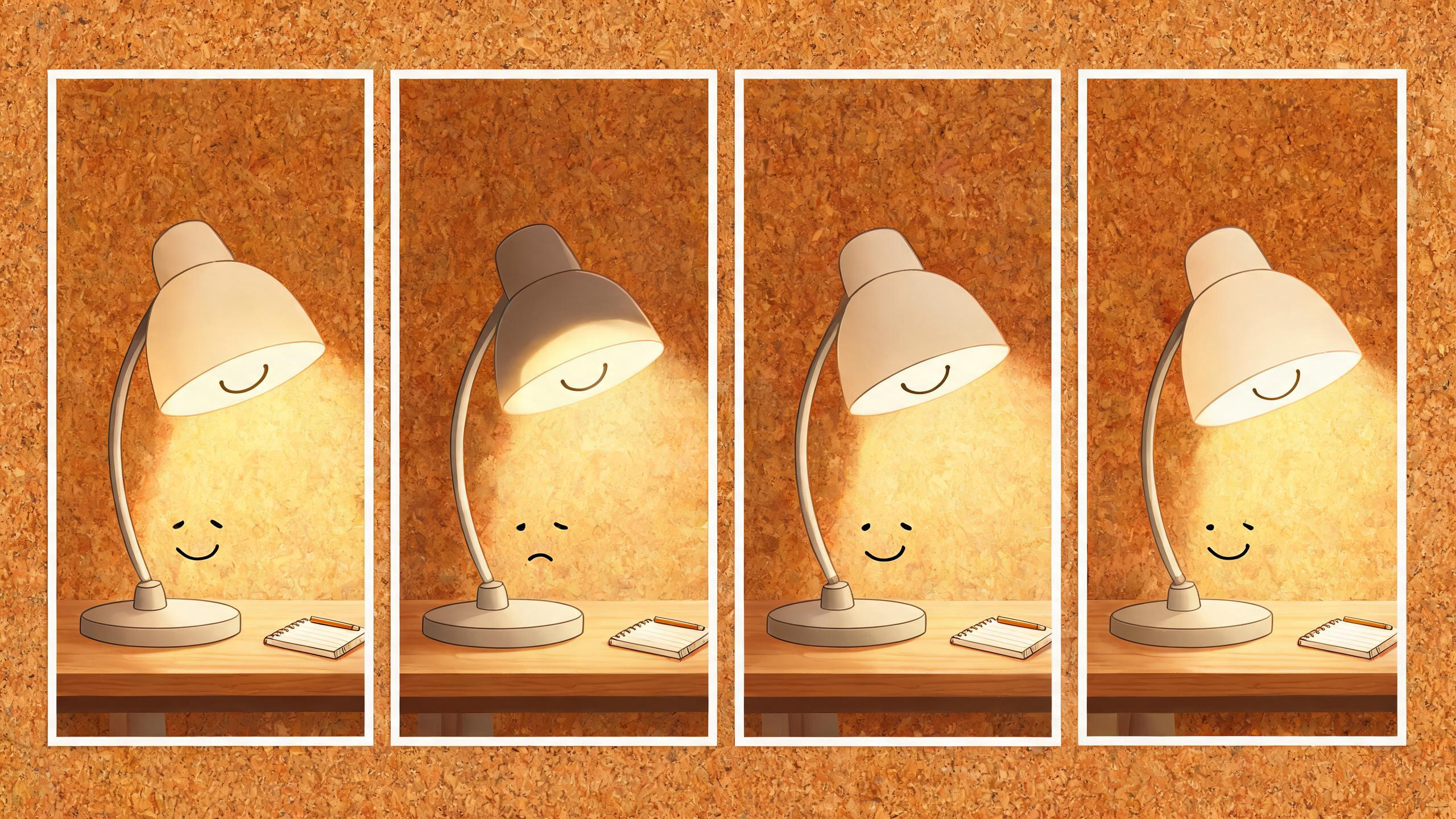 A polished, unlabeled storyboard of a generic desk lamp moving through a recognizable opening, one problem, one reaction, and a clean ending