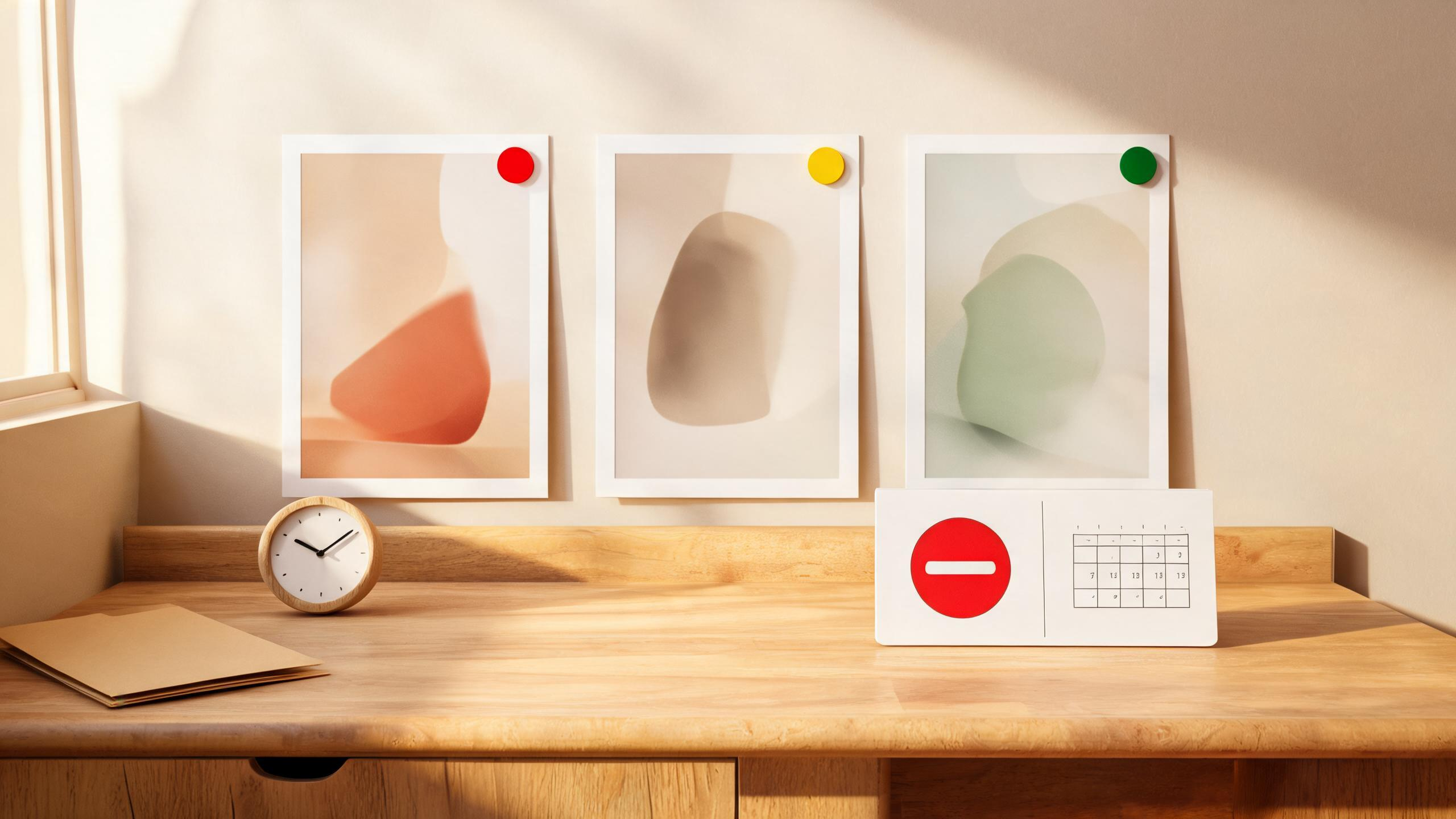 A 16:9 editorial series-planning board with three distinct abstract vertical-video storyboard cards, permitted-source photo markers, a review checklist, and a warm studio desk; no platform logos, readable text, watermark, or app interface