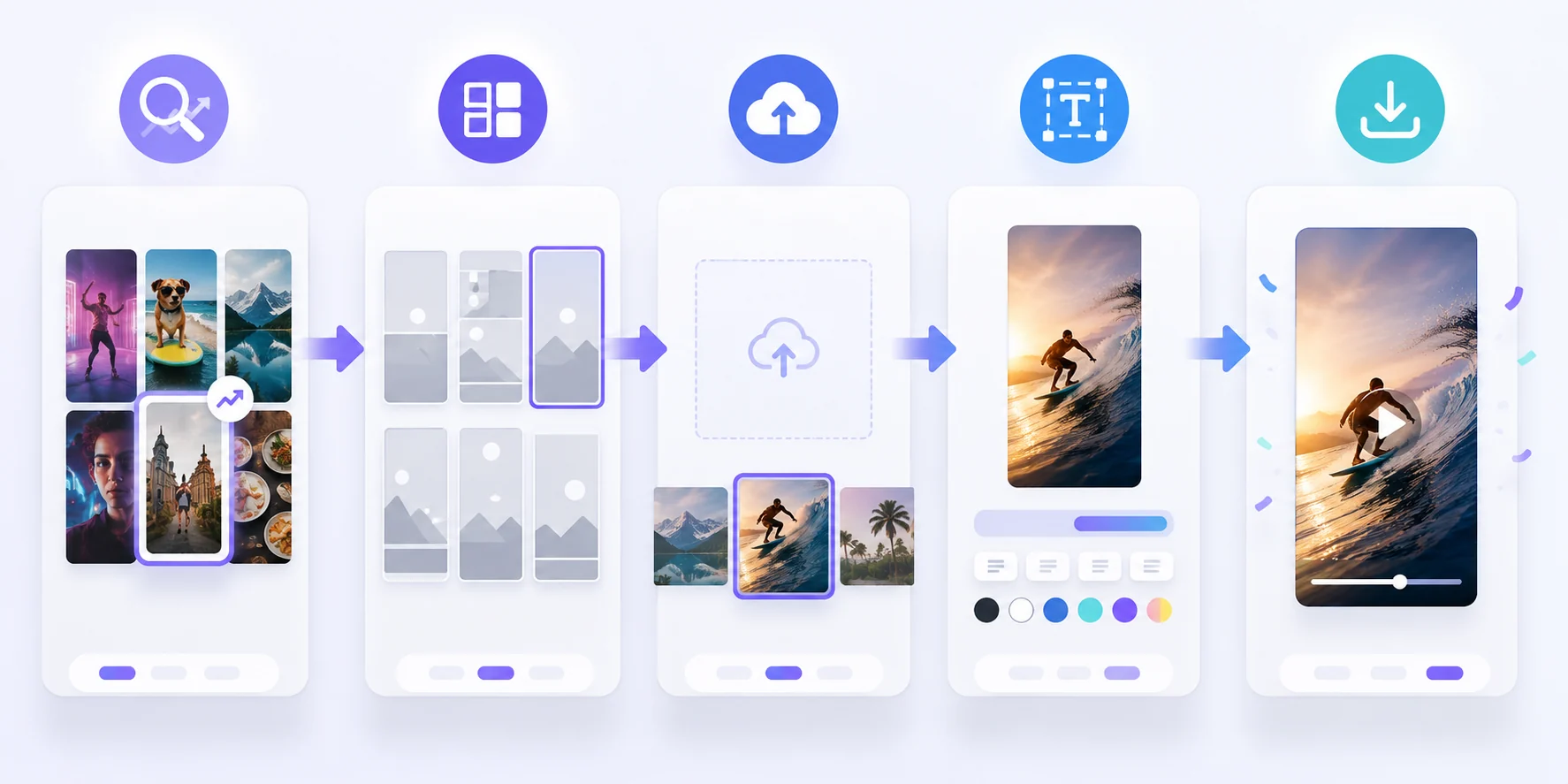 A simple workflow: spot trend, choose template, upload image, personalize caption, export vertical clip