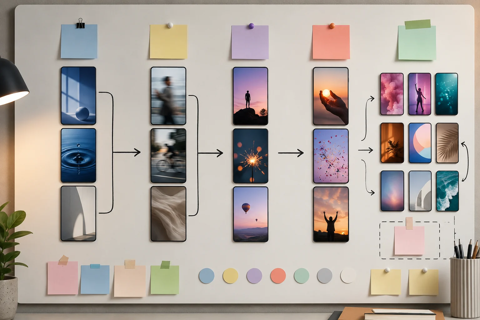 A trend board showing a TikTok AI video broken into input, motion, payoff, and remix notes