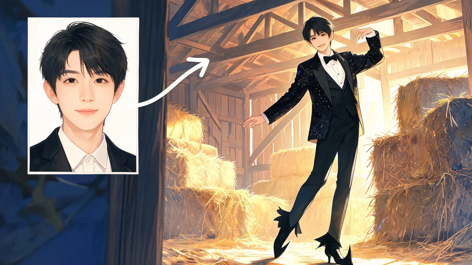 Editorial illustration of a selfie becoming an adult dancer in a sparkly jacket and pointed shoes