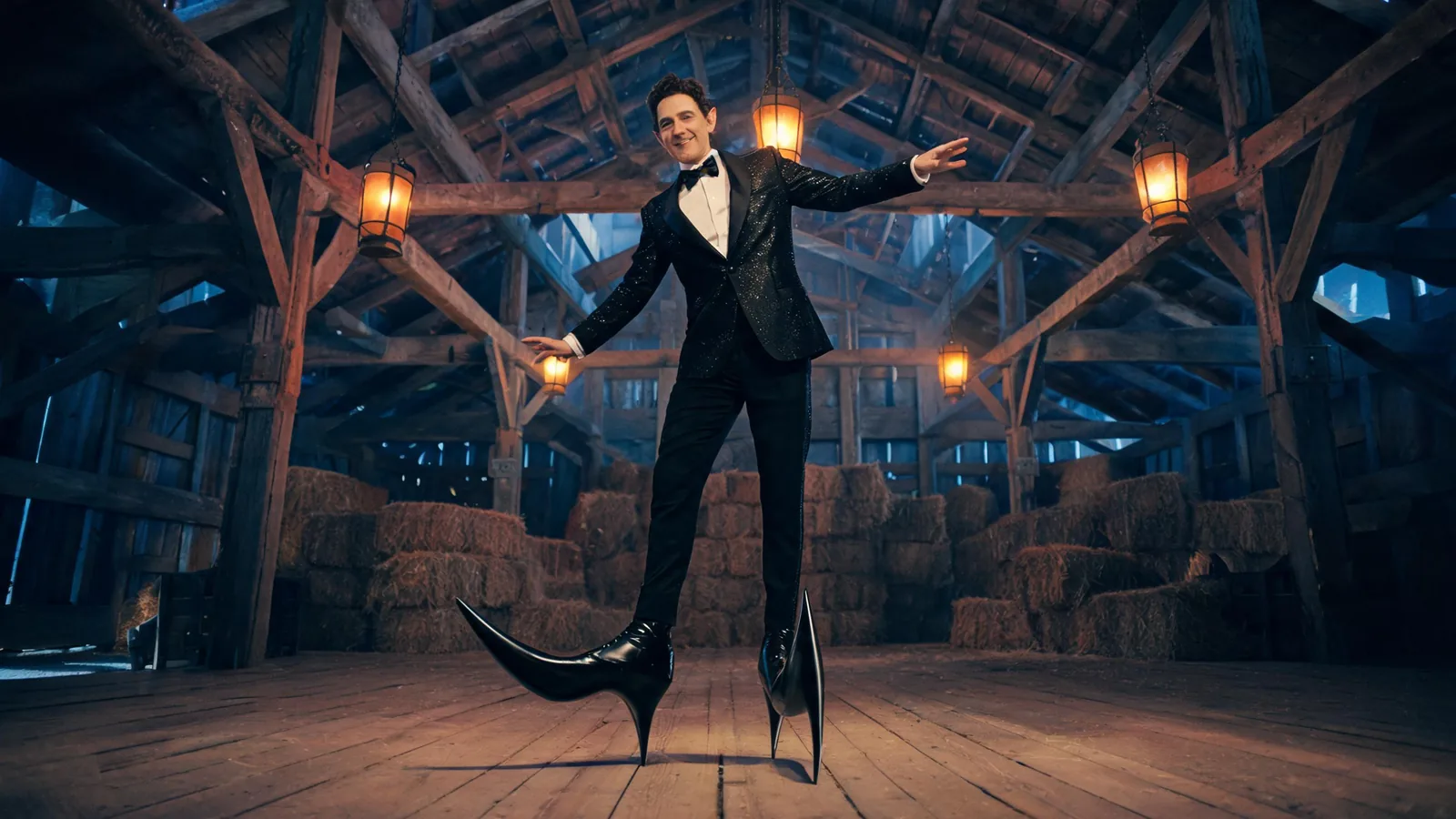 Editorial fantasy-barn illustration emphasizing a dancer's pointed elf shoes and glittering jacket
