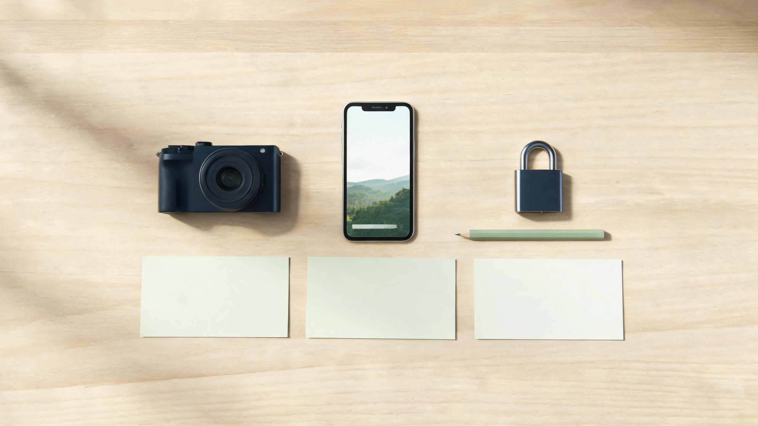A camera, phone with a generic landscape clip, lock, pencil, and blank review cards arranged for a travel-video privacy check