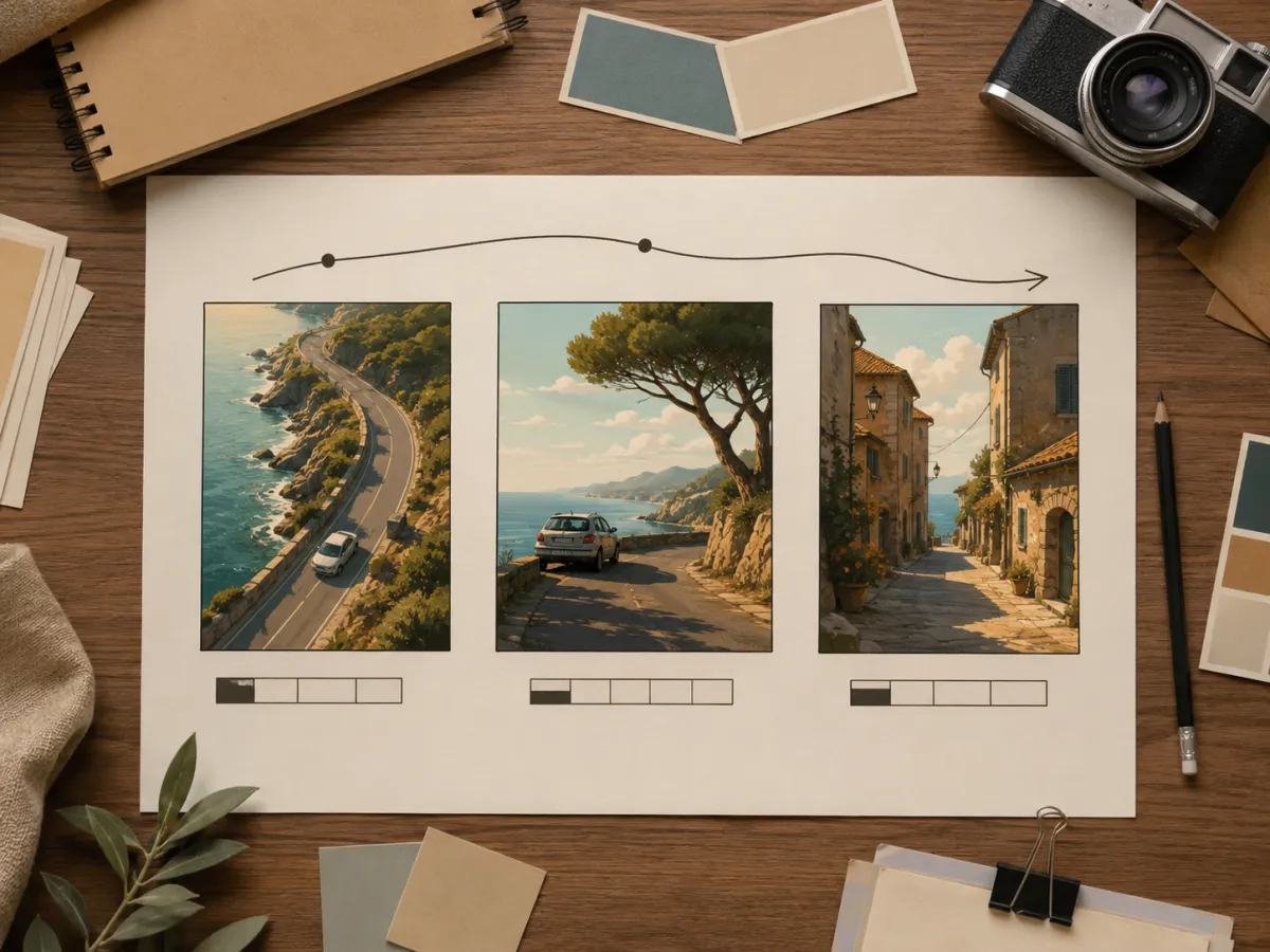 Top-down travel photo to video storyboard desk with three travel scene cards, an abstract camera path, and timing blocks