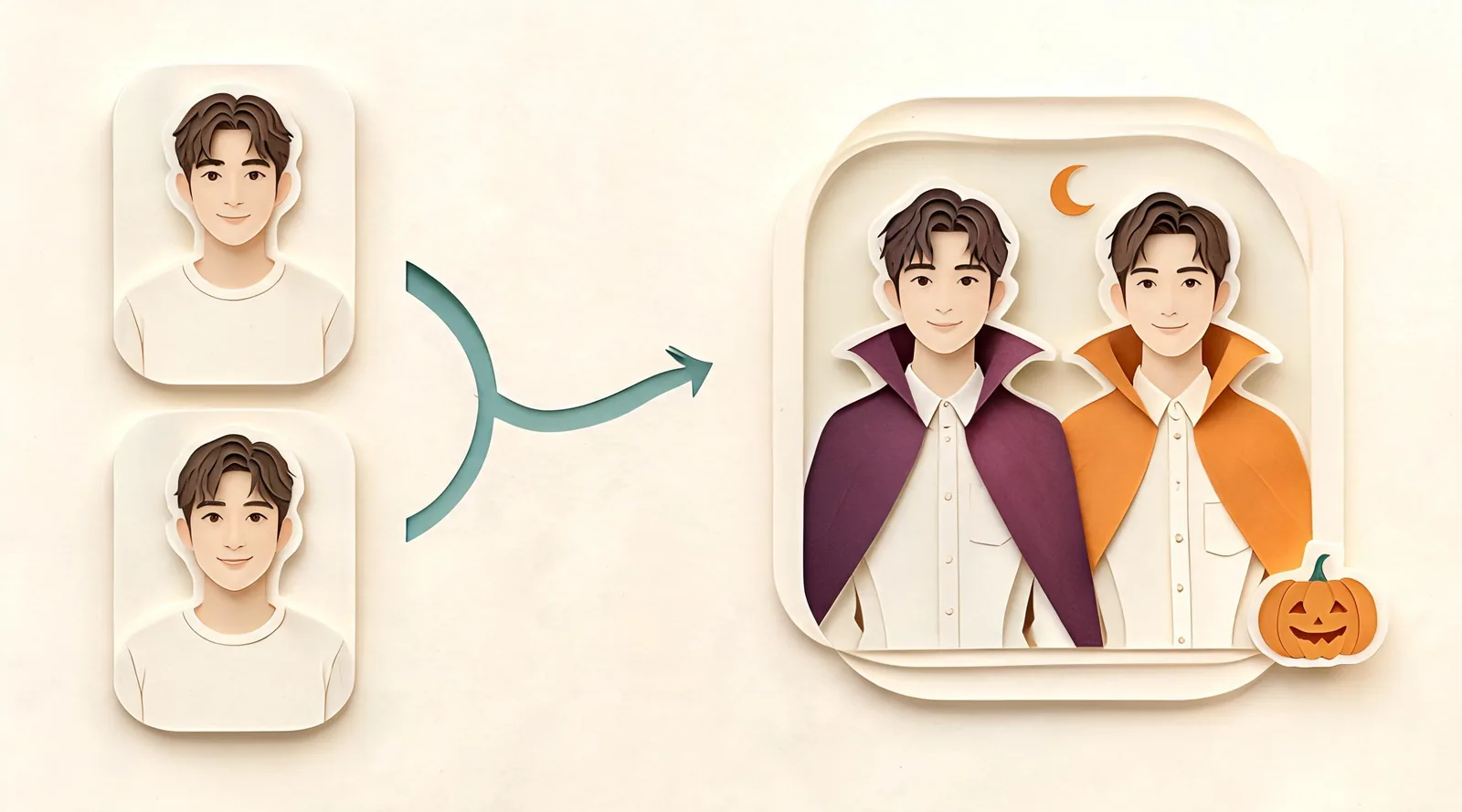 Illustration of two separate selfie portraits leading to a paired vampire-costume preview
