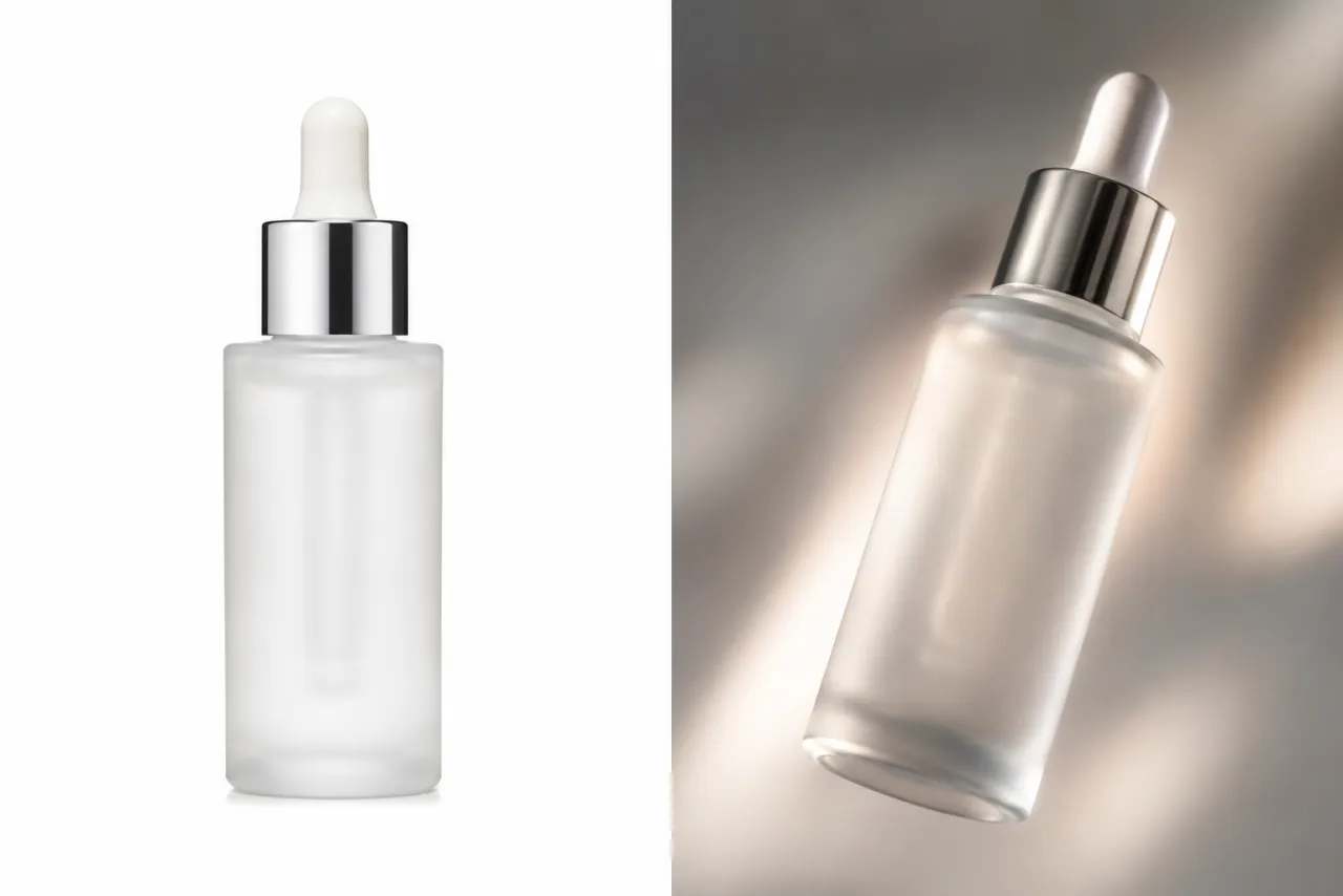 Before and after: a flat static product photo of a skincare bottle on the left, and the same bottle animated into a slow-rotation marketing clip on the right