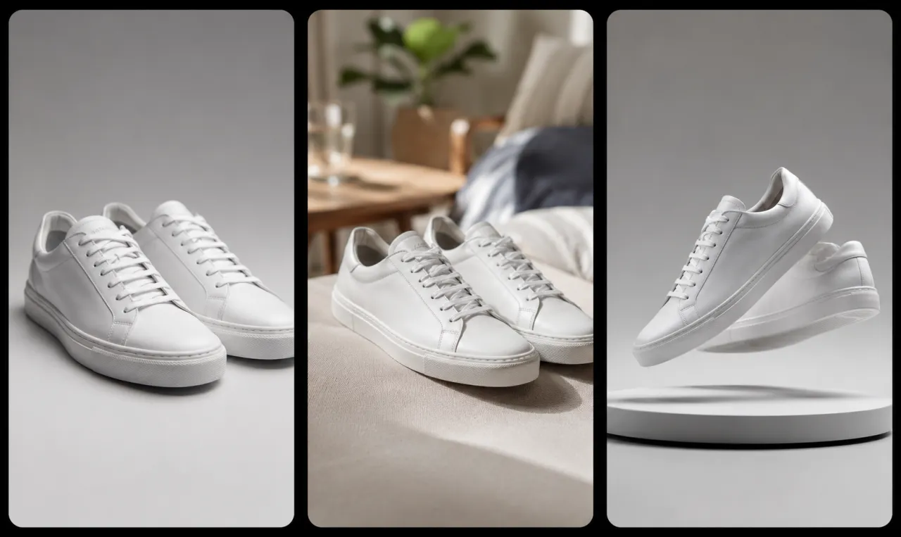 Three vertical phone frames showing the same sneaker animated three ways — push-in, lifestyle parallax, and rotation — sized for social feeds