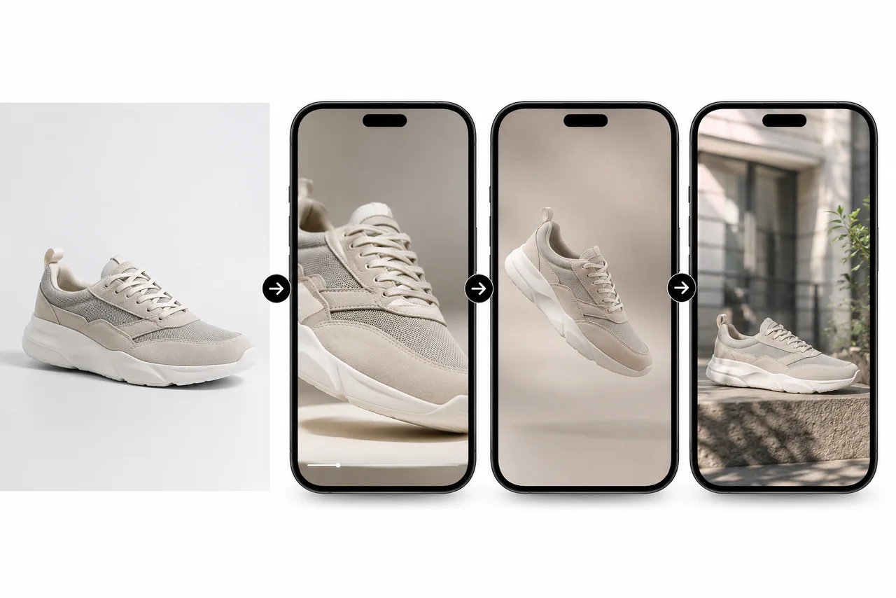 Product photo to marketing video workflow showing one product image becoming short social video frames