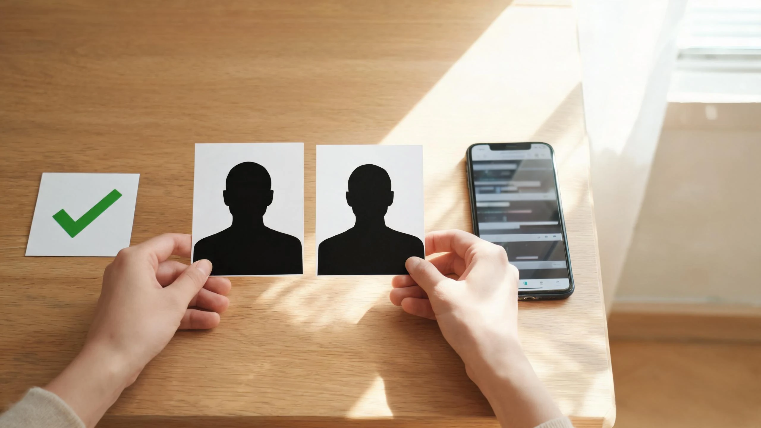 Two anonymous portrait cards and a consent checkmark beside a phone with an abstract video timeline