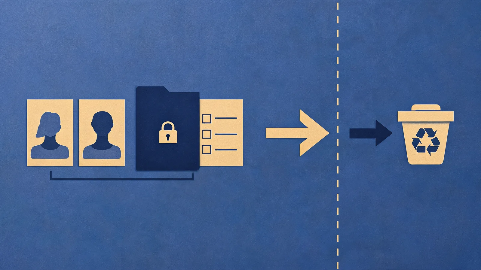 An abstract private-review workflow with two anonymous portrait cards, a locked draft folder, a small access checklist, and a removal arrow to a trash icon, no interface text or recognizable people