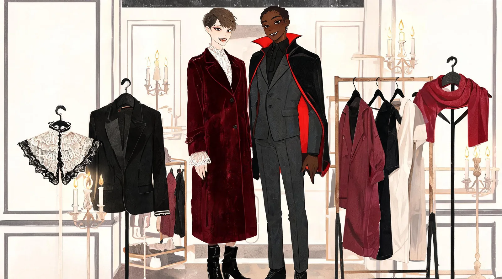 Fashion illustration of two adults coordinating a red-lined cape and burgundy coat beside a costume wardrobe
