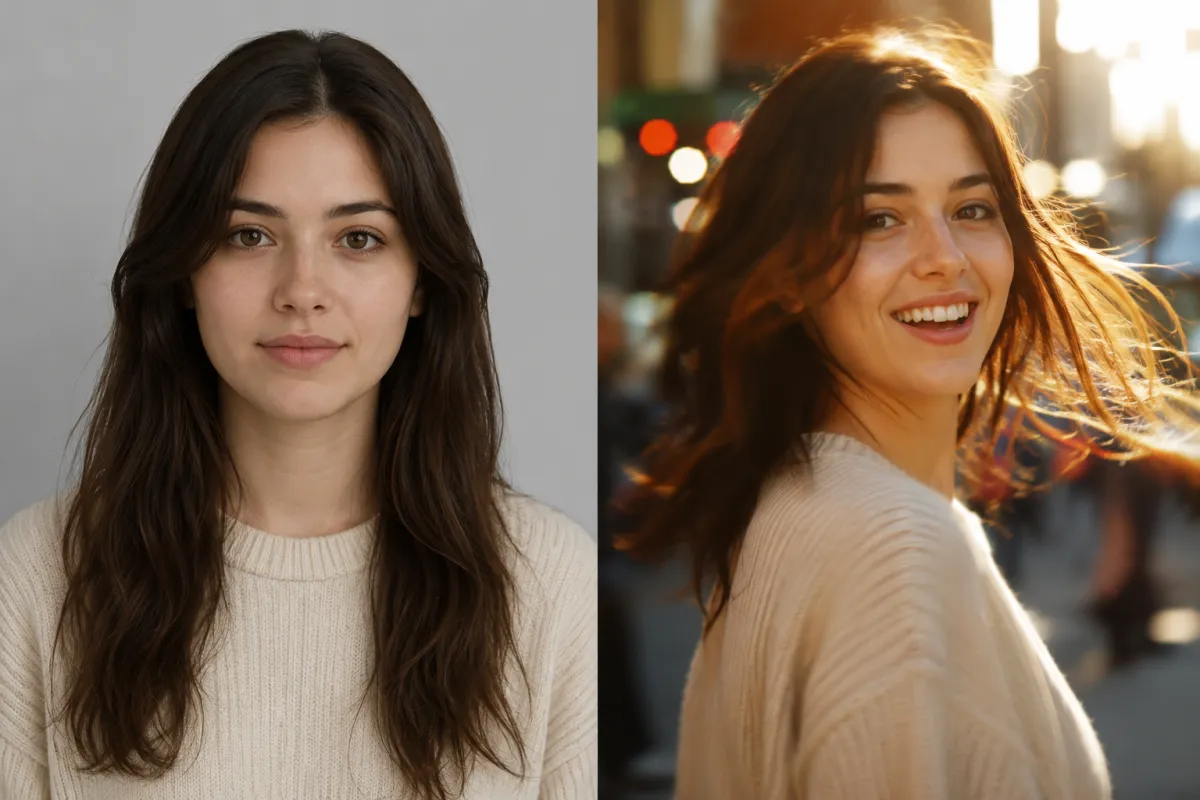 Veo 3.1 image to video before and after showing a still portrait photo on the left and an animated cinematic video frame on the right