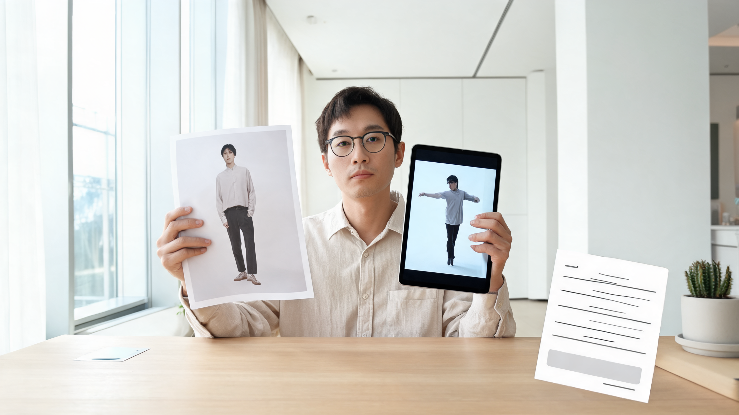 A creator compares a full-body source portrait with a generic dance-motion preview at a bright studio desk