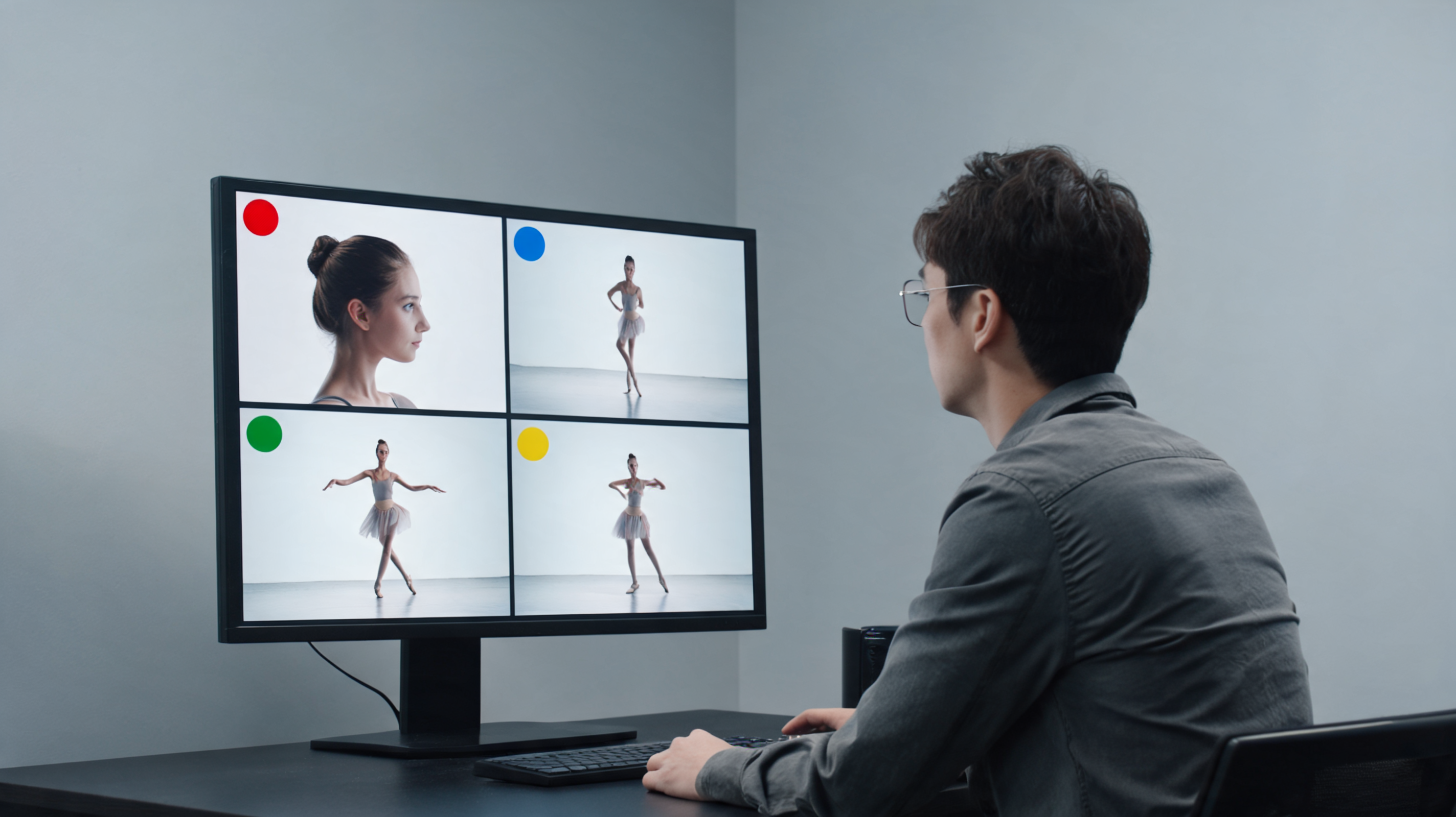 A creator performs a calm three-frame quality review of a generic AI dance clip in an edit suite