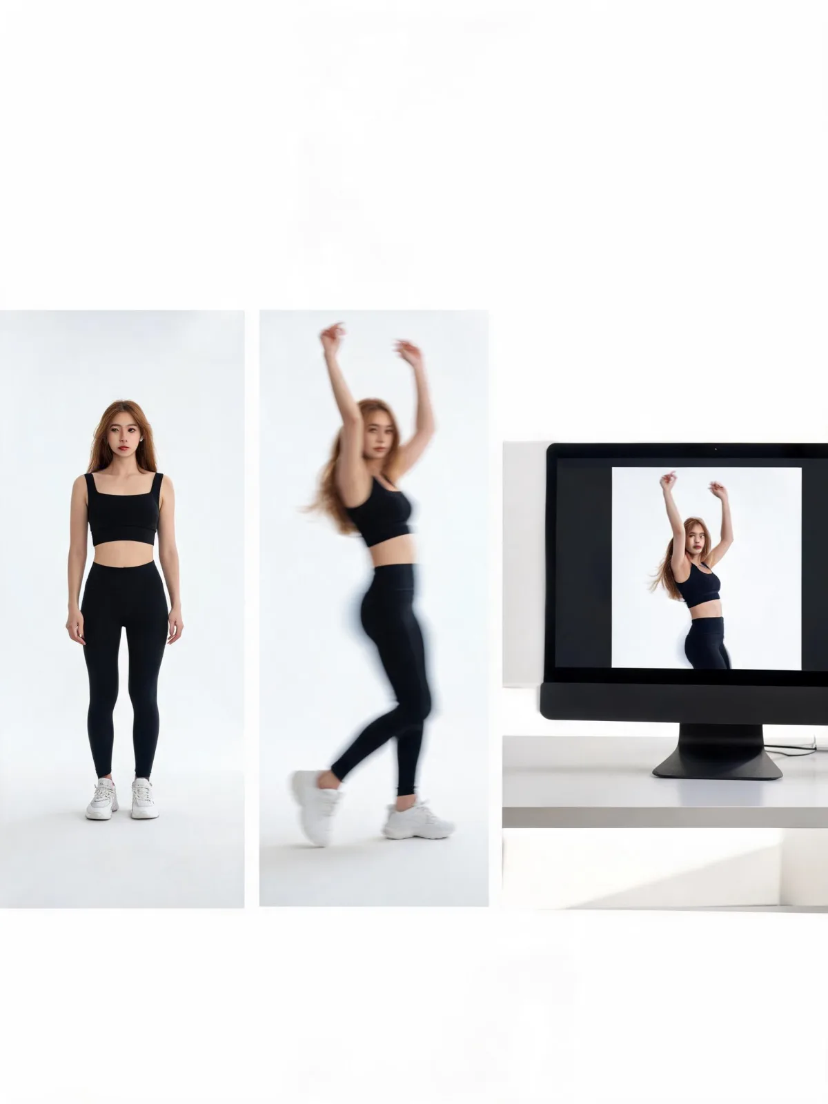 A clear source photo and dance reference flowing into a reviewed AI dance video result