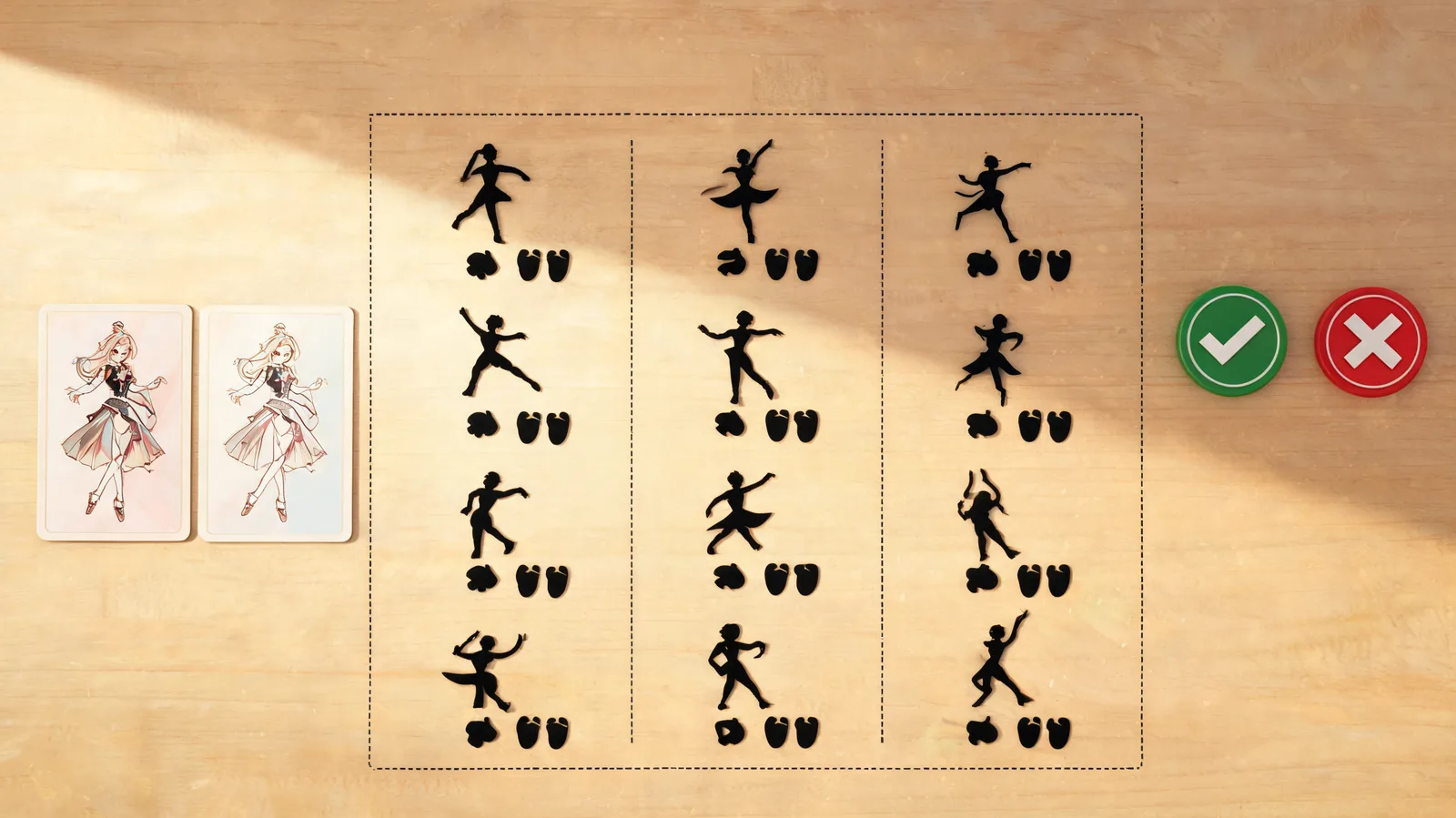 A character card sits beside separate motion silhouettes, a crop frame, and simple approve-or-stop markers