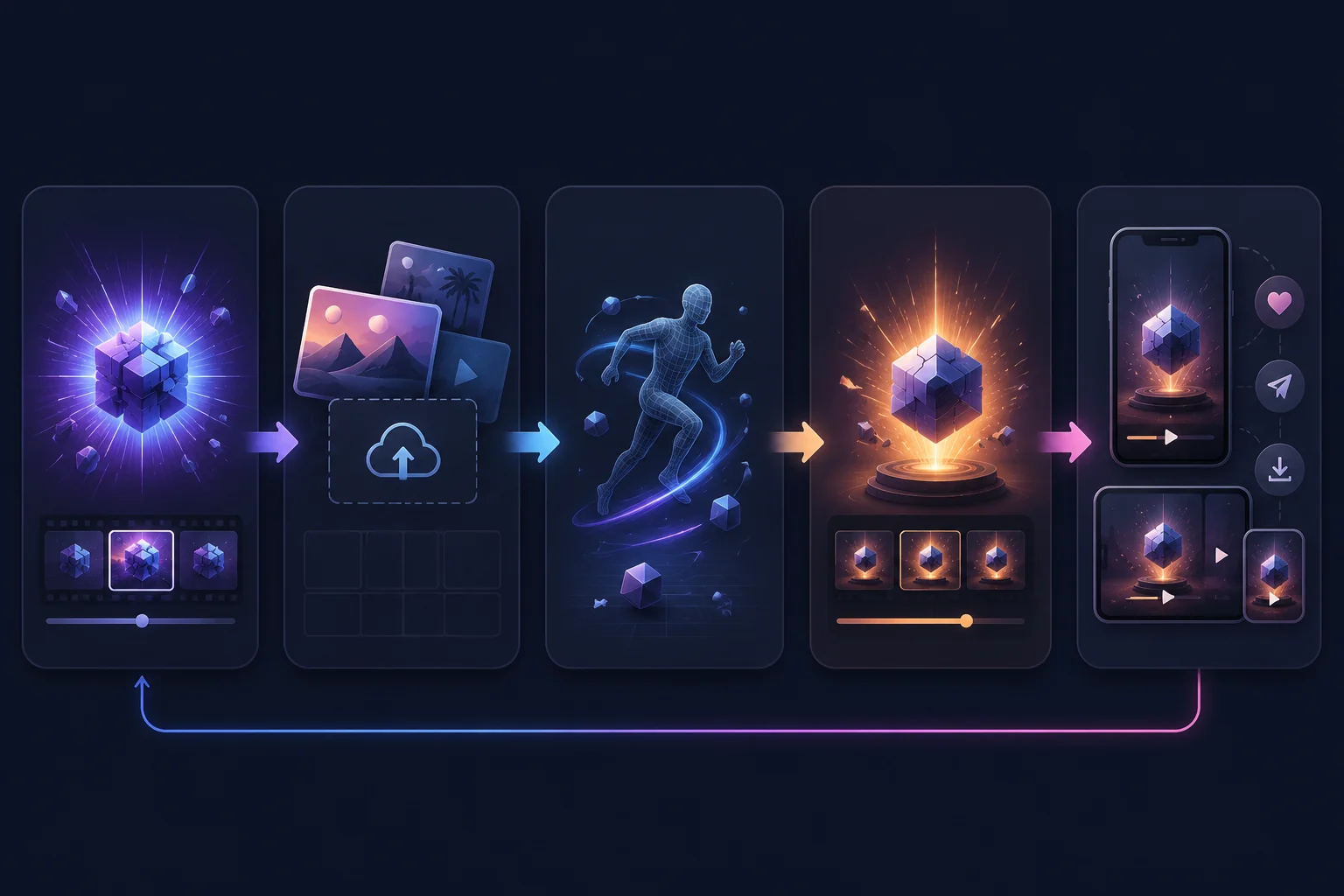 An annotated AI video template card showing hook, upload input, motion, payoff, and share format
