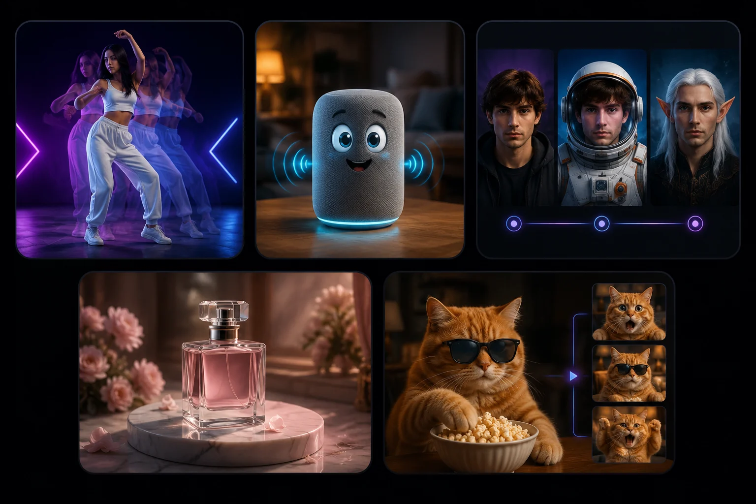 Grid of AI video template categories: dance, talking object, character swap, product scene, and animal meme