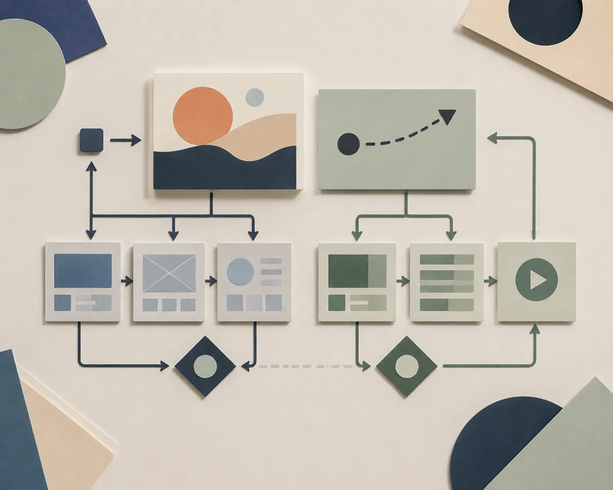 Flat-lay AI video production decision board with a still-frame card, one-motion prompt card, template route, editor handoff route, and review checkpoints; no workstation hero or repeated scene